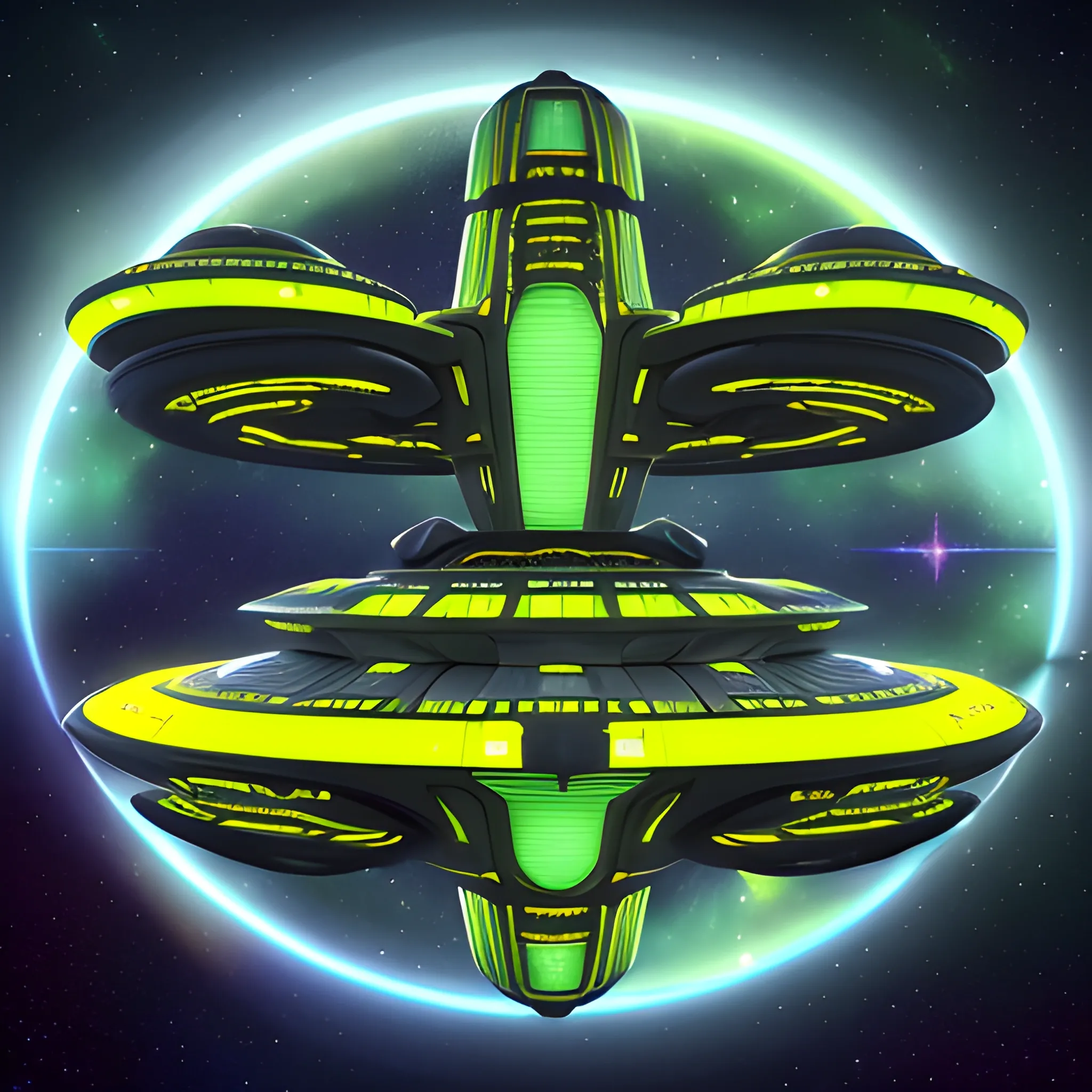 A breathtaking 3D render of a futuristic Norwegian-inspired starship with a saucer-like design, featuring multiple levels and mesmerizing colorful lighting illuminating the windows. The ship is adorned with intricate metallic golden patterns and glowing green matte circles, highlighting advanced technology and a vibrant, futuristic atmosphere. The elongated engines on either side resemble 1924 Deusenberg-inspired sneakers with a bold yellow and green matte color scheme, seamlessly integrated into the upper section of the starship, creating a unique fusion of art deco and futuristic elements.Traveling domed colony by a Saturn-Earth-esque planet, with stars, ships, space station, a Nebula, and a comet, in the background.