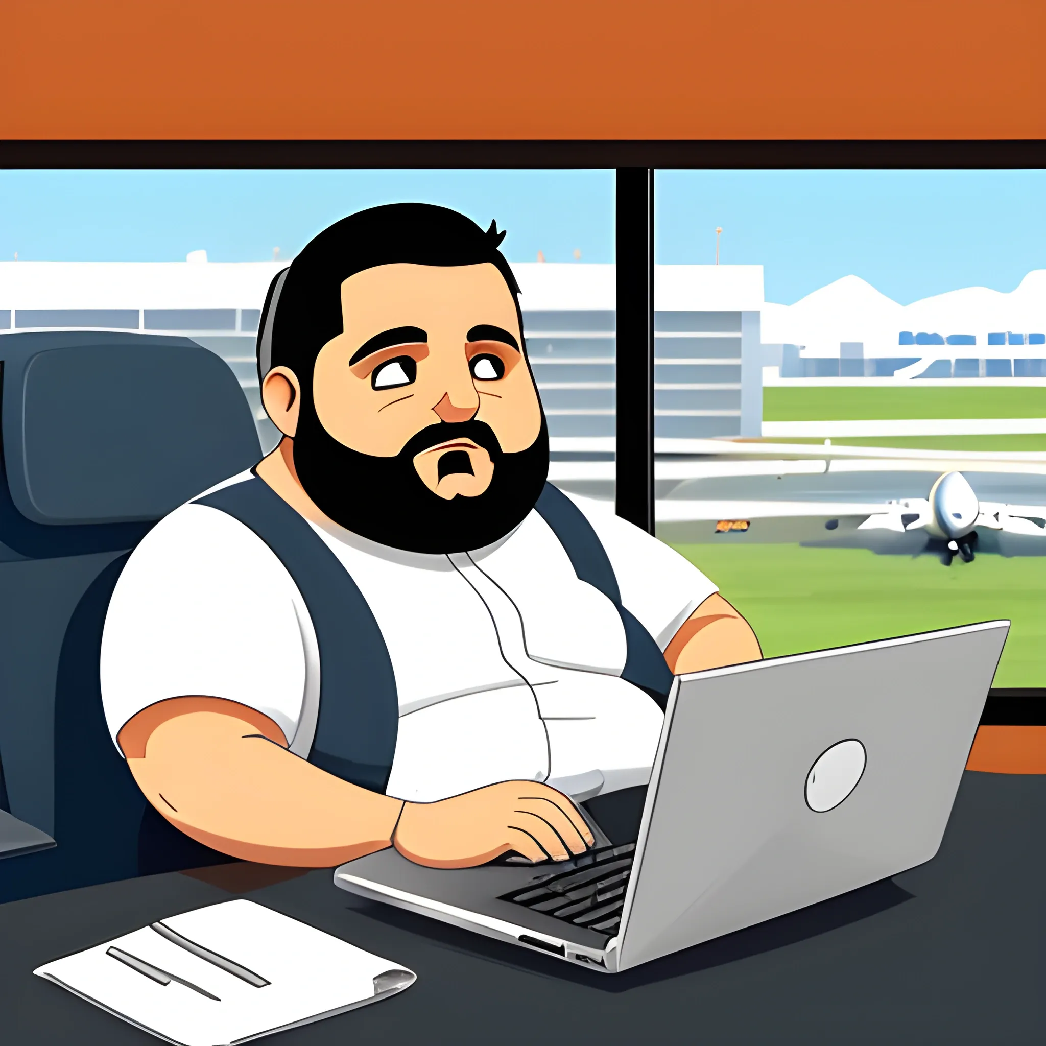 Quiero una imagen de un programador gordito contento, con barba y anteojos. Trabajando en su laptop en un aeropuerto de fondo , Cartoon