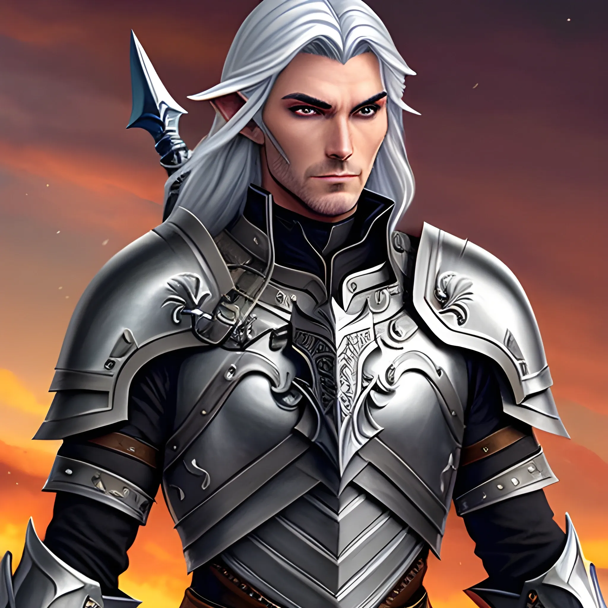 A male young elf paladin who has elven features: pointed ears, a sharp jawline, and piercing bright eyes that radiate warmth and determination. His hair is silver, slightly tousled. He wears chainmail armor and carries a standard longsword and a plain shield adorned with a raven emblem, Water Color