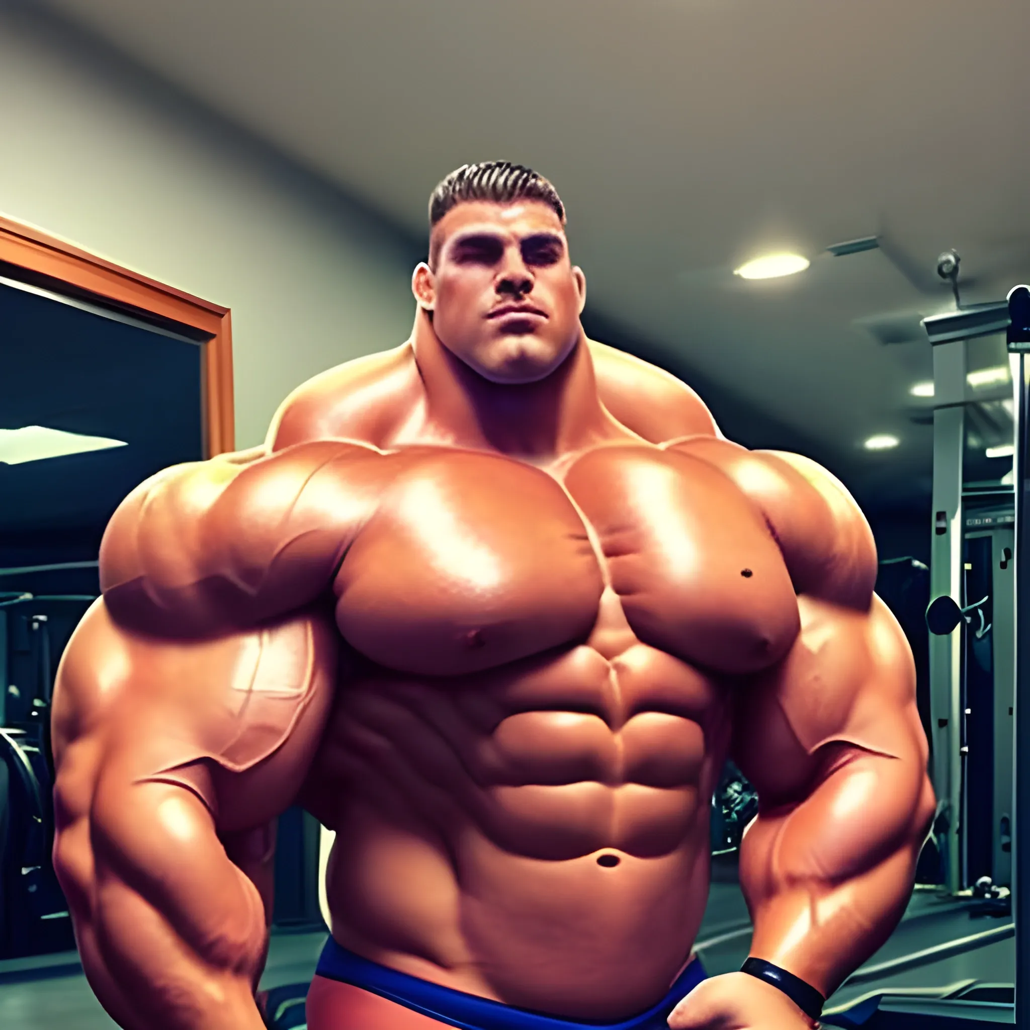 A oversized bodybuilder, imense man, muscle morph, BICEPS and the pecs are growing, full body, Trippy