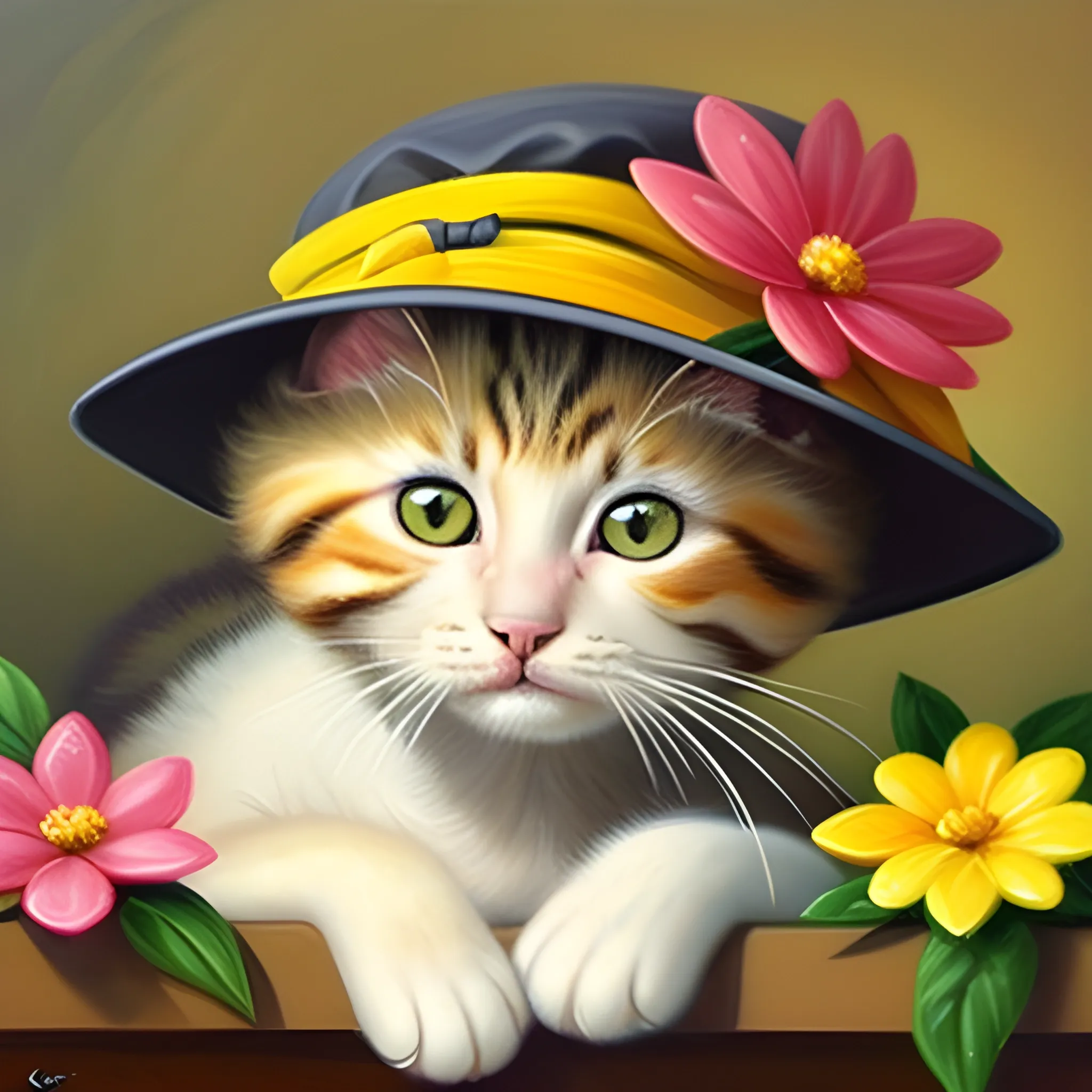 lfunny cat puppie with flowers and hat yellow, Oil Painting