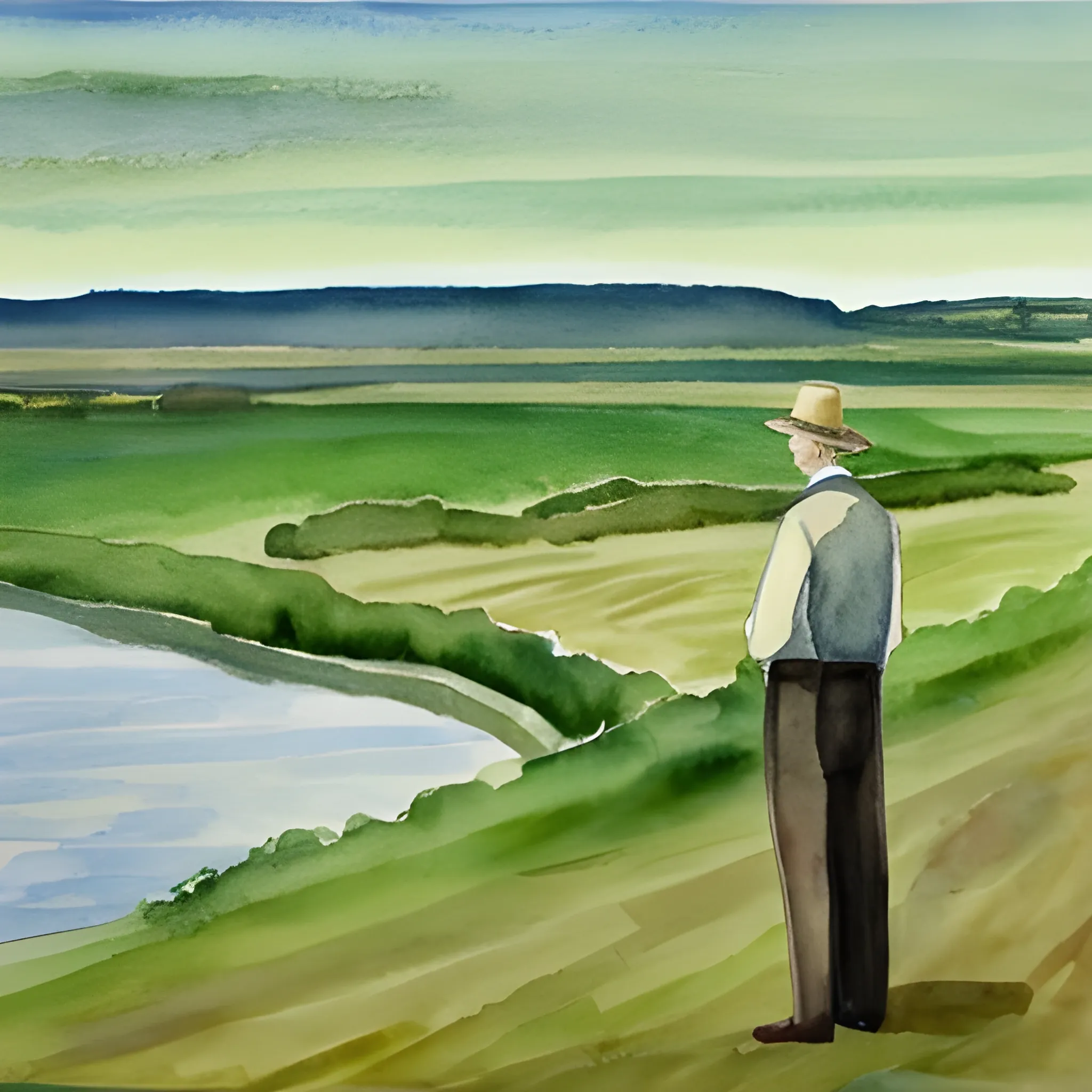 sccotish man see the green prairies with a river across there, Water Color