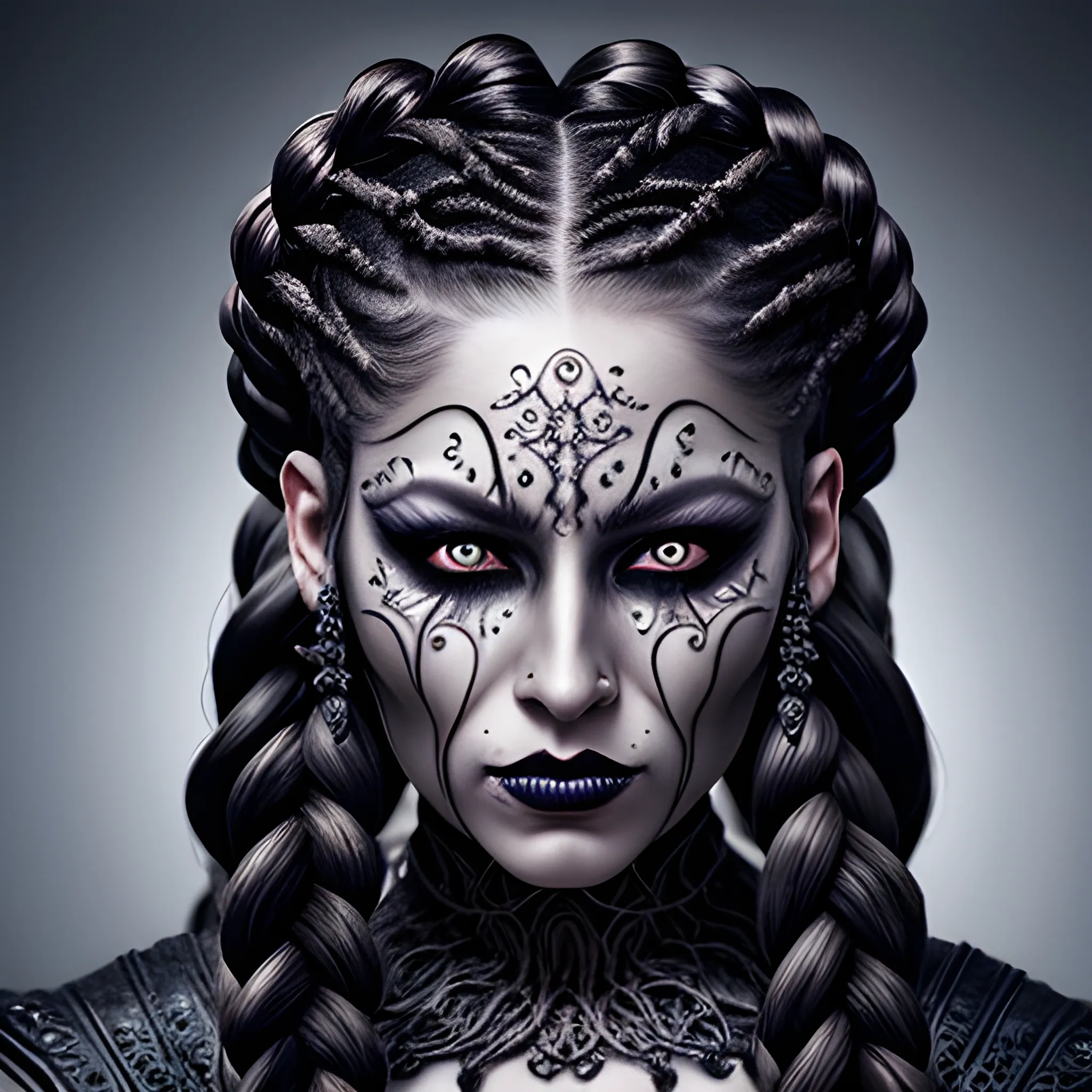 Woman with lots of intricate braids and plaits, dark fantasy makeup, 3D realistic style, looking powerful and mysterious with magic powers.