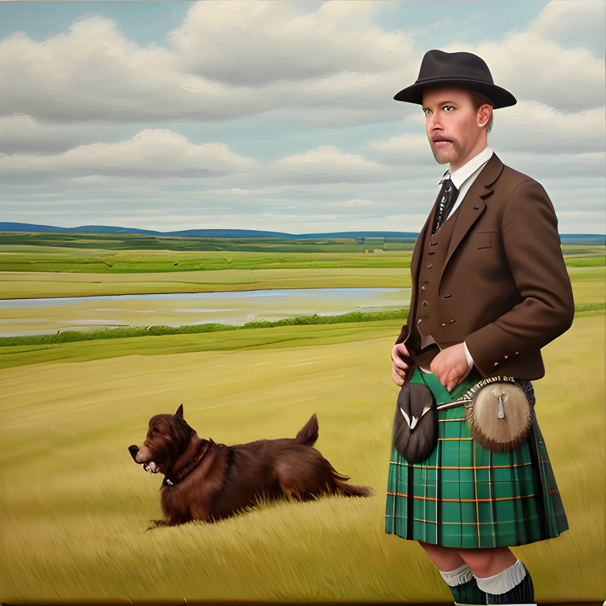 sccotish man with kilt indumentary see the green prairies with a river across there,  cool wheater and dog at your side, Oil Painting