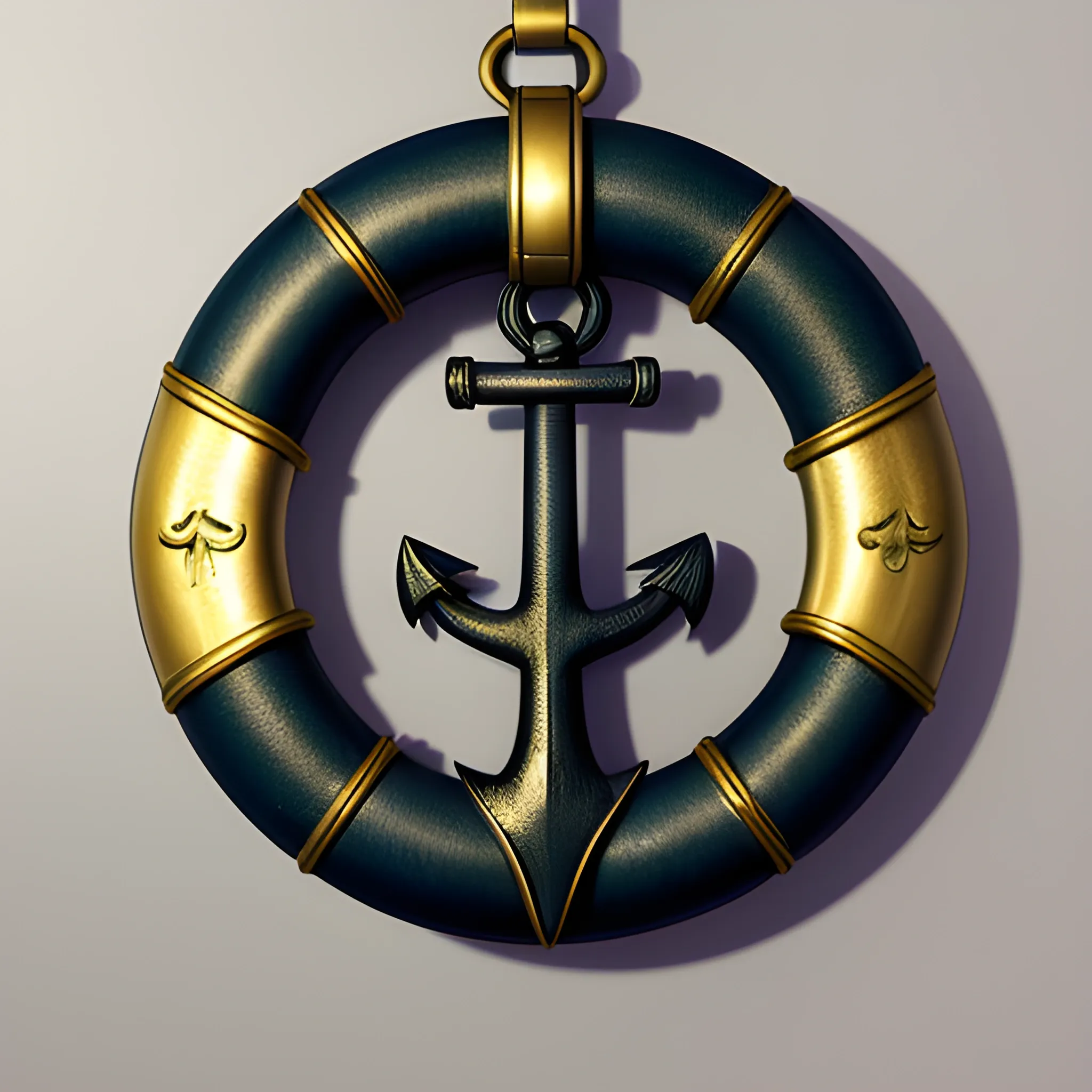 A close-up photograph of an intricately designed metallic anchor pendant, featuring a prominent gold-colored lifebuoy ring attached to the upper part of the anchor. The lifebuoy ring is circular with visible ridges and segments, giving it a realistic appearance. The anchor itself has a detailed texture with small grooves and ridges along its crossbar, and a thick rope is twisted and draped over the top part of the anchor, enhancing the nautical theme. The lower part of the anchor includes an embossed design with small details along its edges, all rendered in a dark, aged color with a weathered finish. A smaller, gold-colored anchor hook with a circular loop at the top is also visible. The background is blurred and features a mix of colors, including teal, pink, and black, which contrasts with the golden and dark tones of the pendant. The lighting is soft and even, highlighting the textures and details of the anchor without casting harsh shadows. The image is well-exposed with balanced levels, emphasizing the three-dimensional form of the pendant and creating a high-contrast effect against the colorful, out-of-focus background. The pendant has an overall nautical theme, with its intricate details and metallic finishes standing out against the neutral backdrop, creating a visually striking and balanced composition.