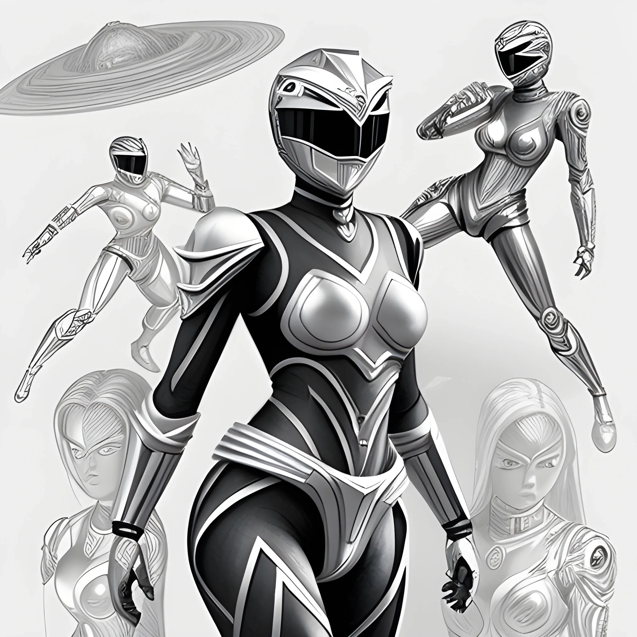 Silver colored with black highlights, full body, female, power ranger, 3D, Pencil Sketch, sci-fi, space, 3D