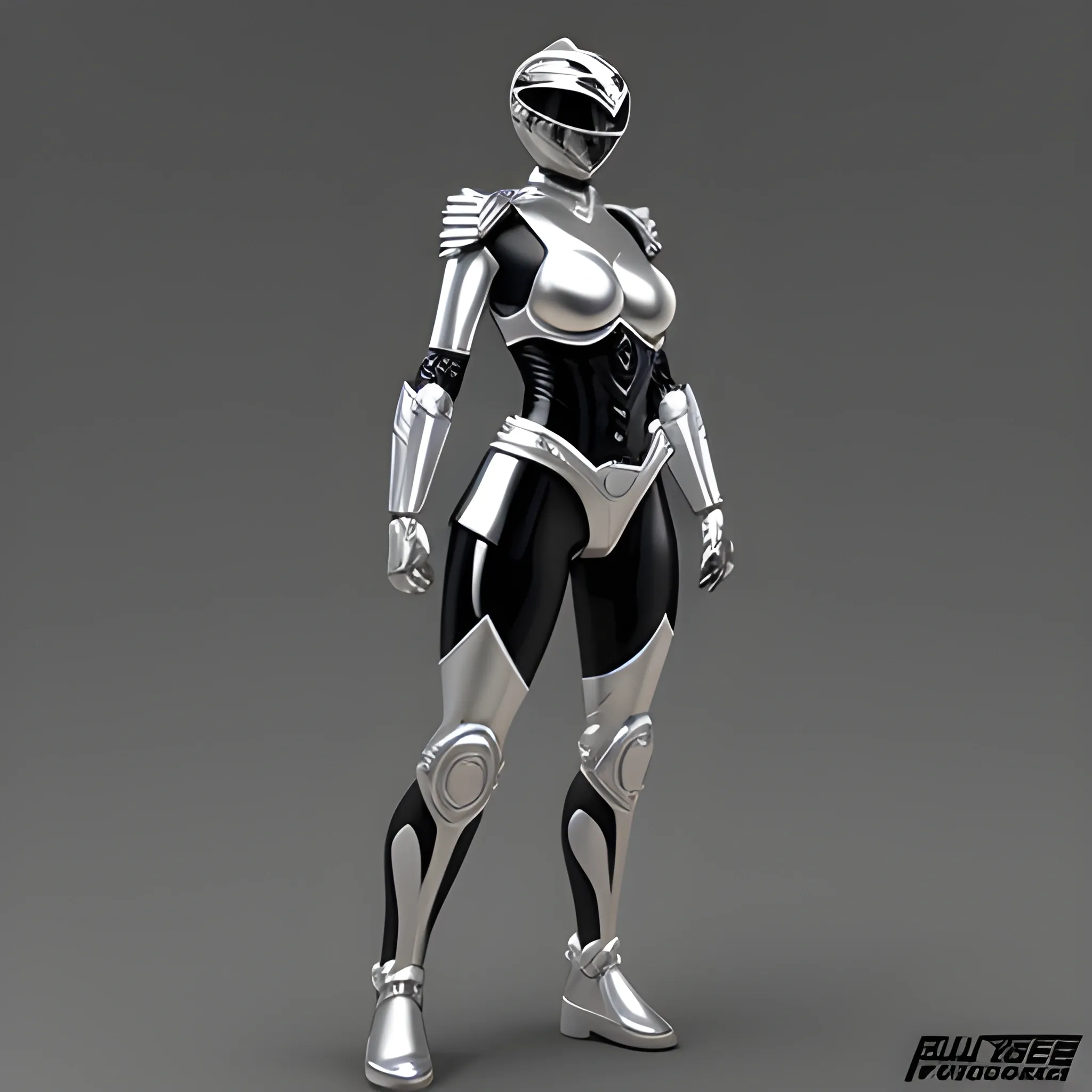 Silver colored with black highlights, full body, female, power ranger, 3D, sci-fi, space, 3D