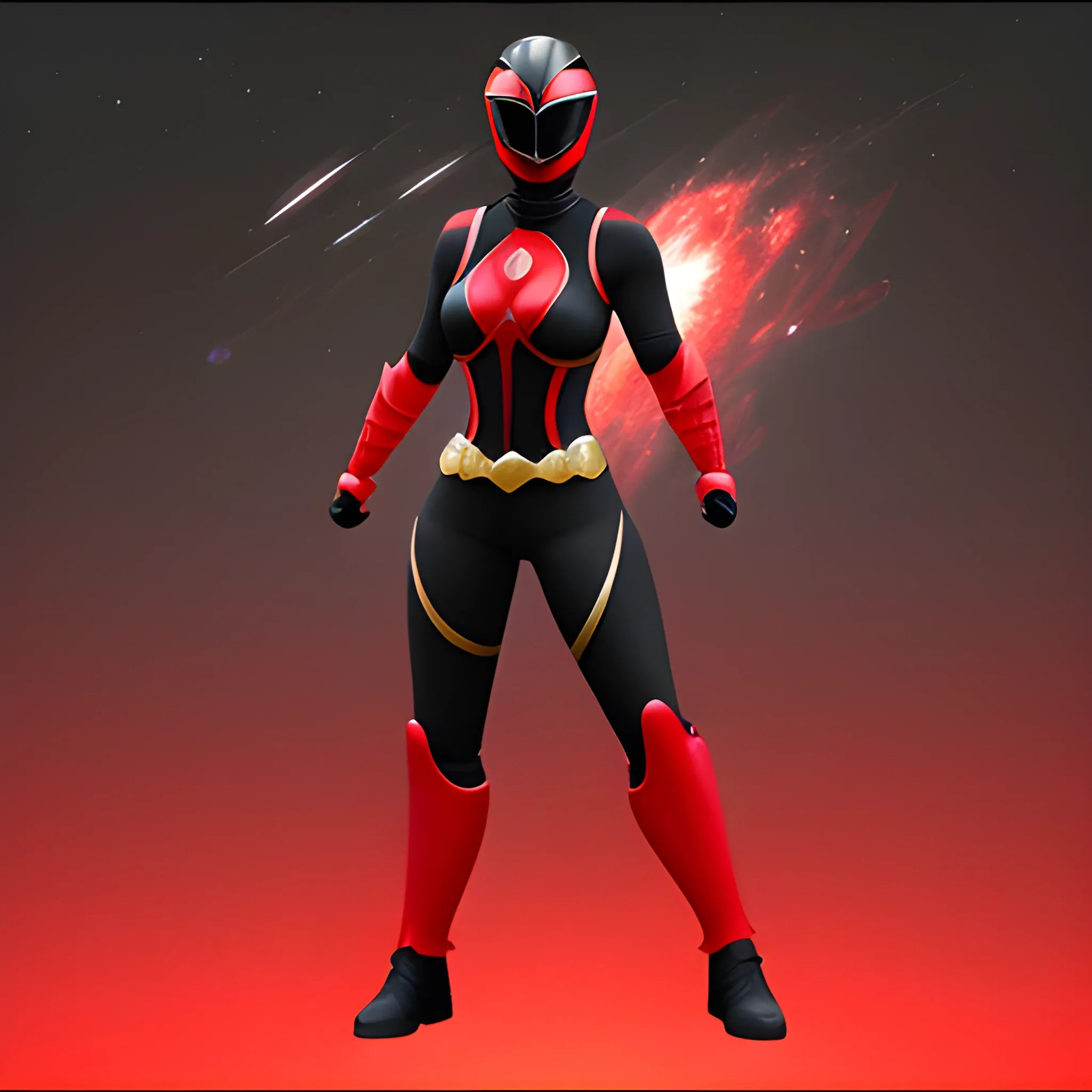 Red and black colored with black highlights, full body, female, power ranger, 3D, sci-fi, space, 3D