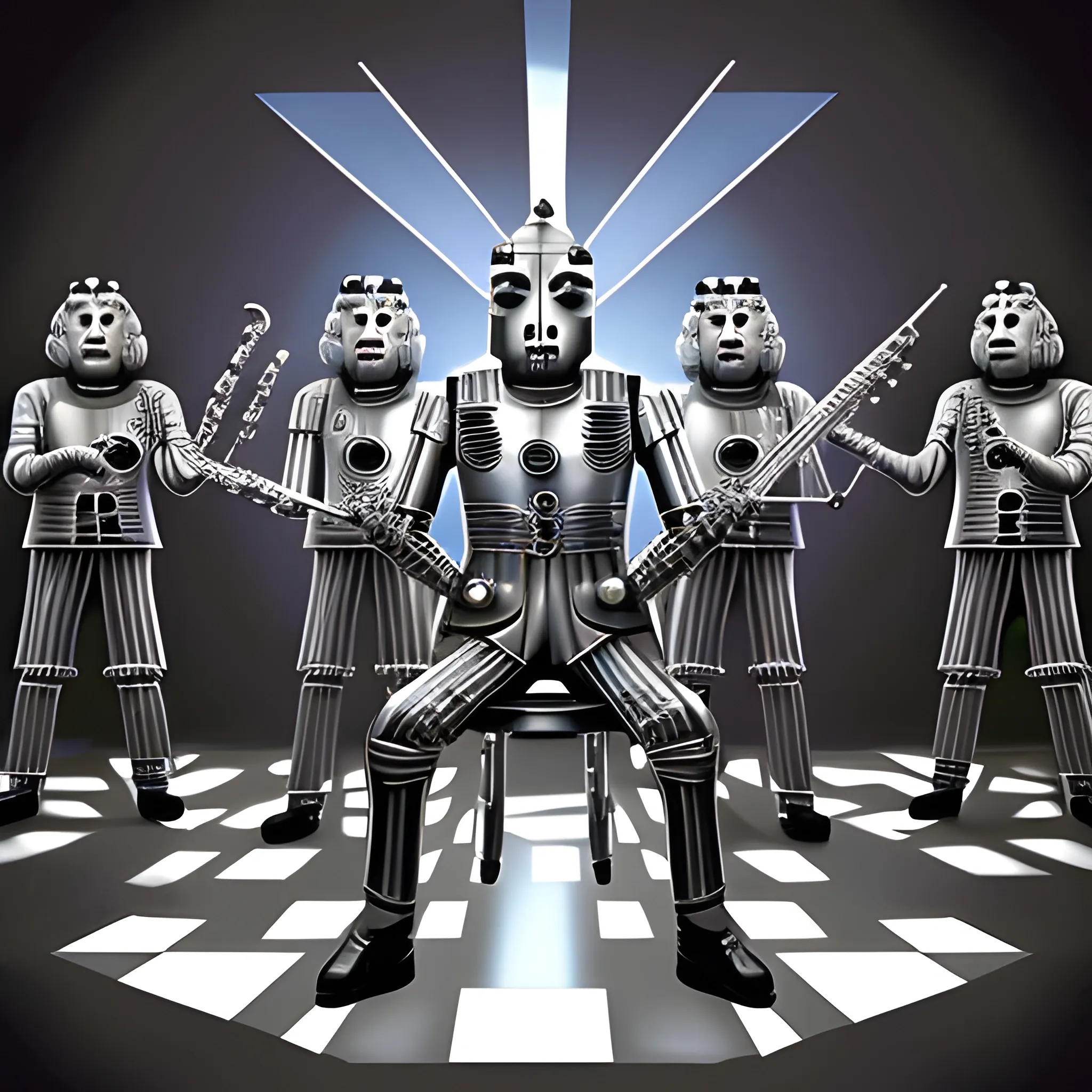 Some Cybermen on saxophones, (((Some Daleks hitting drums))),(((2 Daleks on violins))) and (((2 Daleks on flutes))), (((more Cybermen on triangles)))and, all of them playing various kinds of music, for a Dalek wedding. 750,000 UHD 4D resolution hyper realistic. Davros is directly this band))) Davros is the central figure, in this scene.))). (((This is a Classic Doctor Who concert.))) (((Davros is bald, horribly scarred, has a potholed head, and is disabled, with one functioning hand and a cybernetic eye on his forehead.))). (((His Missing lower body resembles Dalek appearance, by being in a bottom part of the Dalek. His chair has controls to one side. ))). (((Davros leads the band with his wand.)))