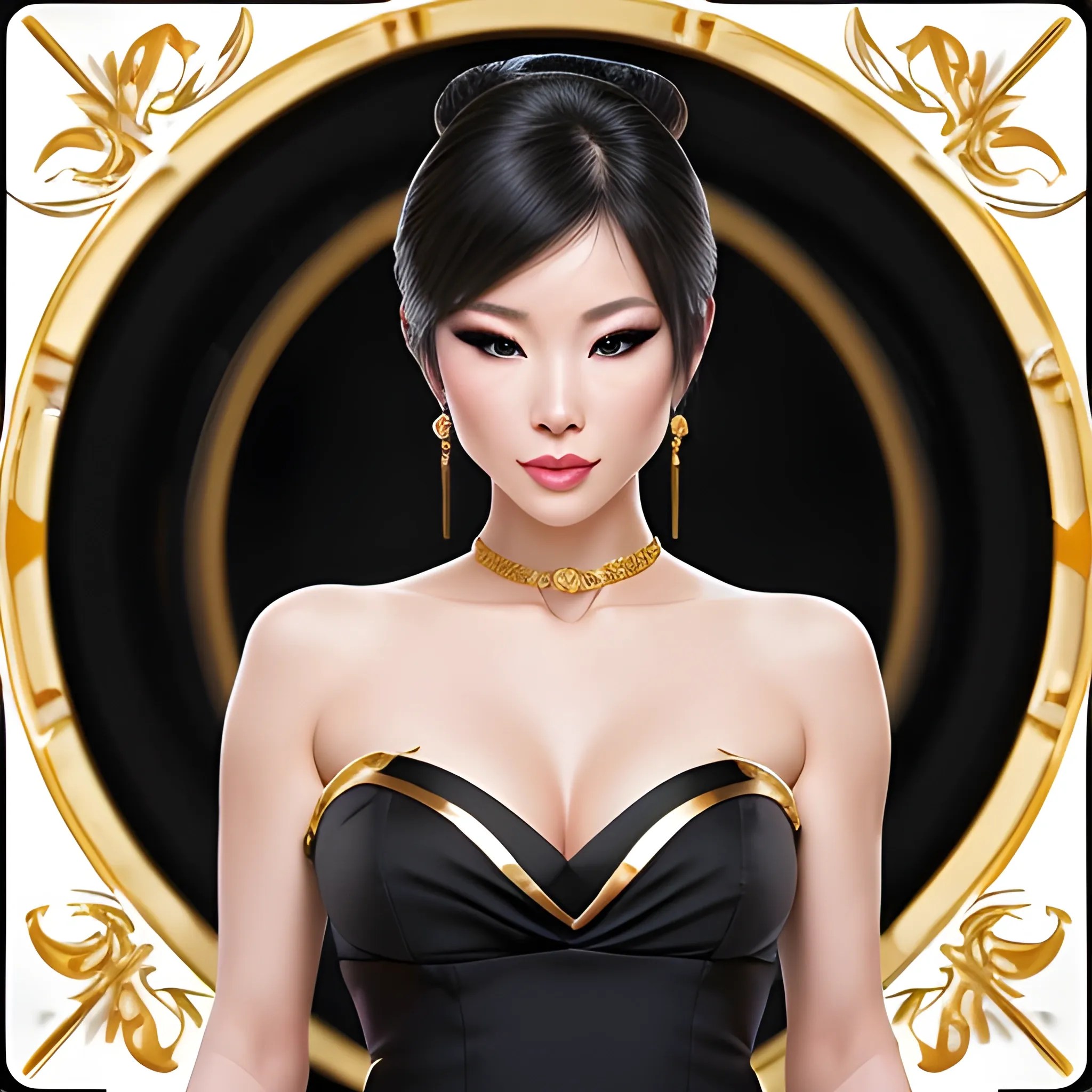 an attractive pretty Asian white women live casino,black dress,strapless, 4k, echi, uhd image, exclusive, ellegance, dark bluecadet and gold colour, ultrarealistic, photorealistic , taken with 100mm kodak photo studio, full body , hand take poker card,bright, bright studio lighting , no background, flat white background