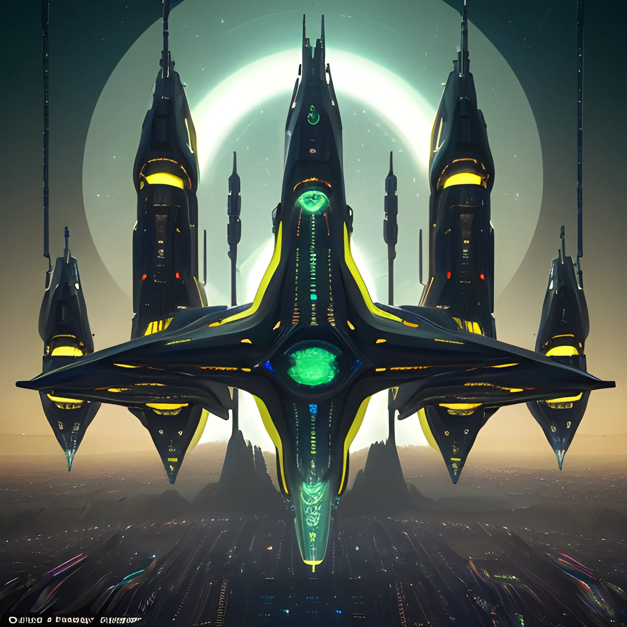 A futuristic cityscape with towering spaceships docked at massive vertical platforms. These platforms are interconnected, forming a web-like structure against the backdrop of a vast cosmic expanse. A captivating and otherworldly scene featuring a grand, ornate starship that exudes a vibrant and futuristic vibe. The starship is adorned with golden patterns and glowing green circles, emitting a sense of advanced technology. Its elongated engines stand out on either side, with a sleek pair of Lamborghini-inspired sneakers as the upper section, featuring a bold yellow and green matte color scheme. The sneakers' industrial steampunk upper and motherboard-like sole capture the essence of speed. The sky above is filled with stars and the Milky Way galaxy, adding to the enchanting and dark fantasy atmosphere of the scene. This cinematic photo is a perfect blend of architecture, fashion, and vibrant 3D render, capturing the essence of dark fantasy, architecture, and fashion in a captivating manner.The ships are intricately designed, with a mix of white, red, and gray colors. A cinematic 3D render of a captivating and otherworldly scene featuring a grand, ornate starship with advanced motherboards and very advanced diodes. The starship, with its golden patterns and glowing green circles, exudes a vibrant and futuristic vibe. Its elongated engines stand out on either side, with a sleek pair of Lamborghini-inspired sneakers as the upper section of the starship. The sneakers' industrial steampunk upper and motherboard-like sole capture the essence of speed, style, and luxury. The sky above is filled with stars and the Milky Way galaxy, adding to the enchanting and dark fantasy atmosphere of the scene.The city below is bustling with activity, with smaller crafts zipping around and a dense concentration of buildings. A cinematic 3D render of a captivating and otherworldly scene featuring a grand, ornate starship with advanced motherboards and very advanced diodes. The starship, with its golden patterns and glowing green circles