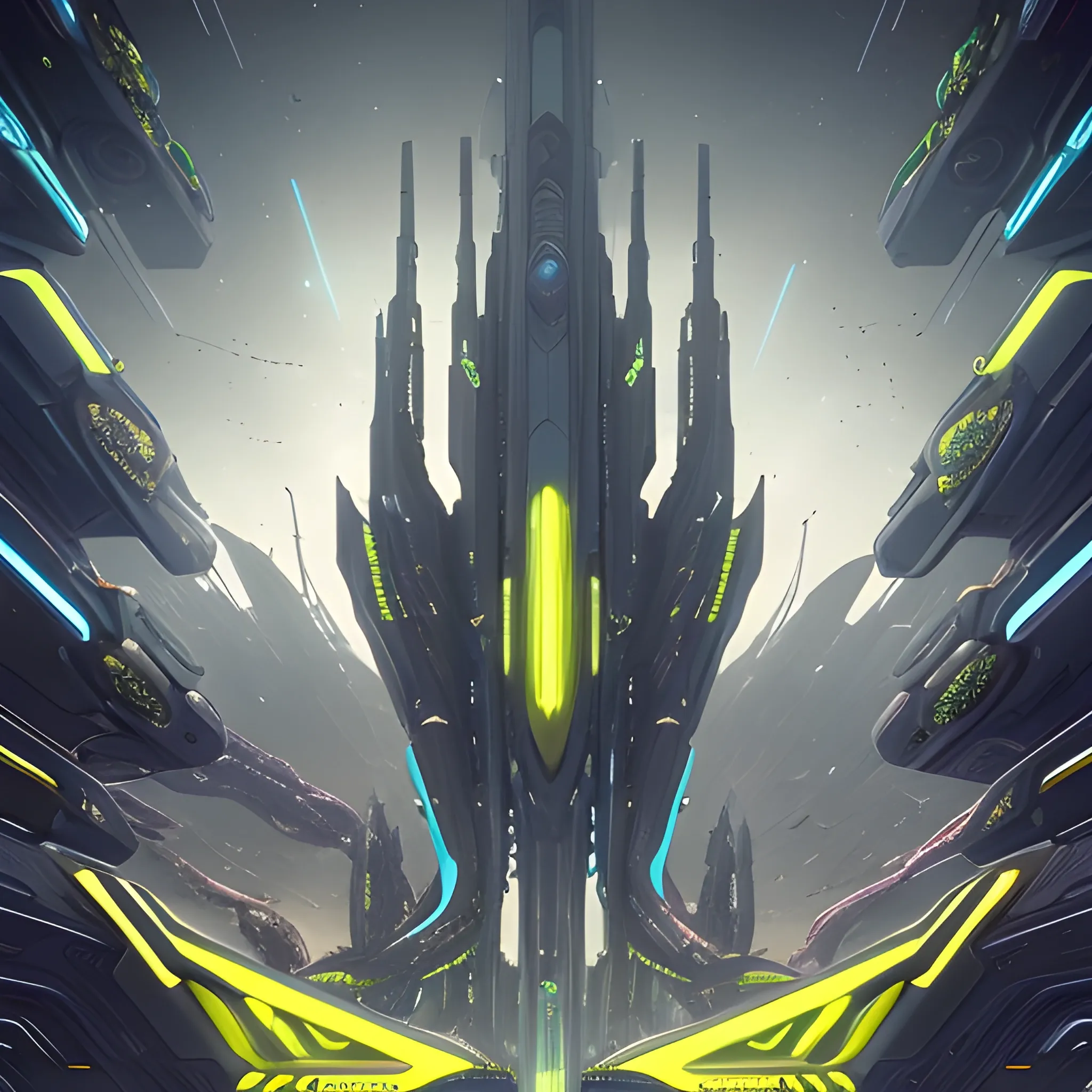 A futuristic cityscape with towering spaceships docked at massive vertical platforms. These platforms are interconnected, forming a web-like structure against the backdrop of a vast cosmic expanse. A captivating and otherworldly scene featuring a grand, ornate starship that exudes a vibrant and futuristic vibe. The starship is adorned with golden patterns and glowing green circles, emitting a sense of advanced technology. Its elongated engines stand out on either side, with a sleek pair of Lamborghini-inspired sneakers as the upper section, featuring a bold yellow and green matte color scheme. The sneakers' industrial steampunk upper and motherboard-like sole capture the essence of speed. The sky above is filled with stars and the Milky Way galaxy, adding to the enchanting and dark fantasy atmosphere of the scene. This cinematic photo is a perfect blend of architecture, fashion, and vibrant 3D render, capturing the essence of dark fantasy, architecture, and fashion in a captivating manner.The ships are intricately designed, with a mix of white, red, and gray colors. A cinematic 3D render of a captivating and otherworldly scene featuring a grand, ornate starship with advanced motherboards and very advanced diodes. The starship, with its golden patterns and glowing green circles, exudes a vibrant and futuristic vibe. Its elongated engines stand out on either side, with a sleek pair of Lamborghini-inspired sneakers as the upper section of the starship. The sneakers' industrial steampunk upper and motherboard-like sole capture the essence of speed, style, and luxury. The sky above is filled with stars and the Milky Way galaxy, adding to the enchanting and dark fantasy atmosphere of the scene.The city below is bustling with activity, with smaller crafts zipping around and a dense concentration of buildings. A cinematic 3D render of a captivating and otherworldly scene featuring a grand, ornate starship with advanced motherboards and very advanced diodes. The starship, with its golden patterns and glowing green circles