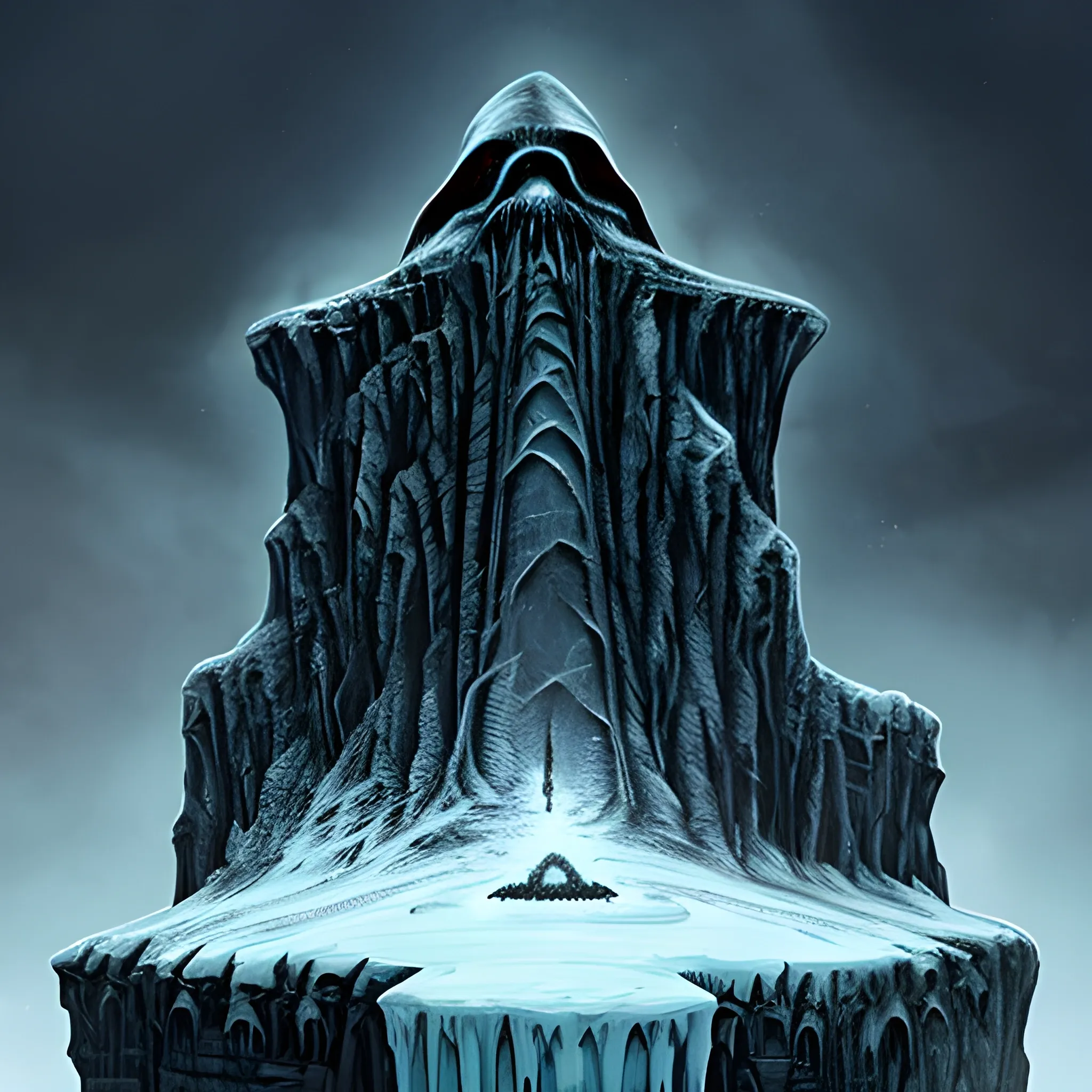 A dreadful cliff overlooking the dark ice mountaint surrounded by hooded figures and Cthulhu looming before the sacrificial symbol