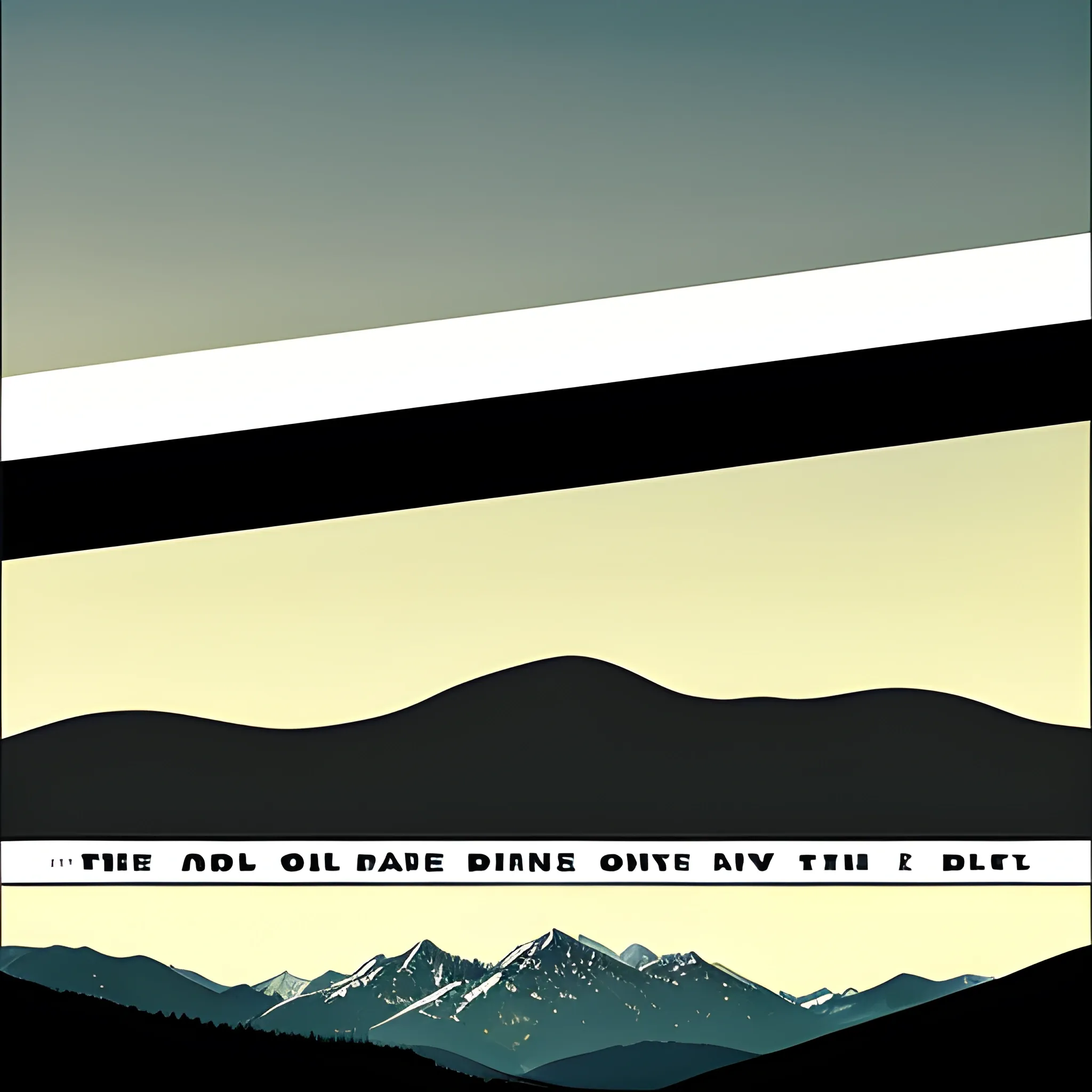 Dawn mountains sunny sky wide black billboard straight one line dotted text "WELCOME" front, scenic, a wide black billboard set against dawn mountains under a sunny sky, stylish, minimalistic, graphic, landscape, Gil Elvgren