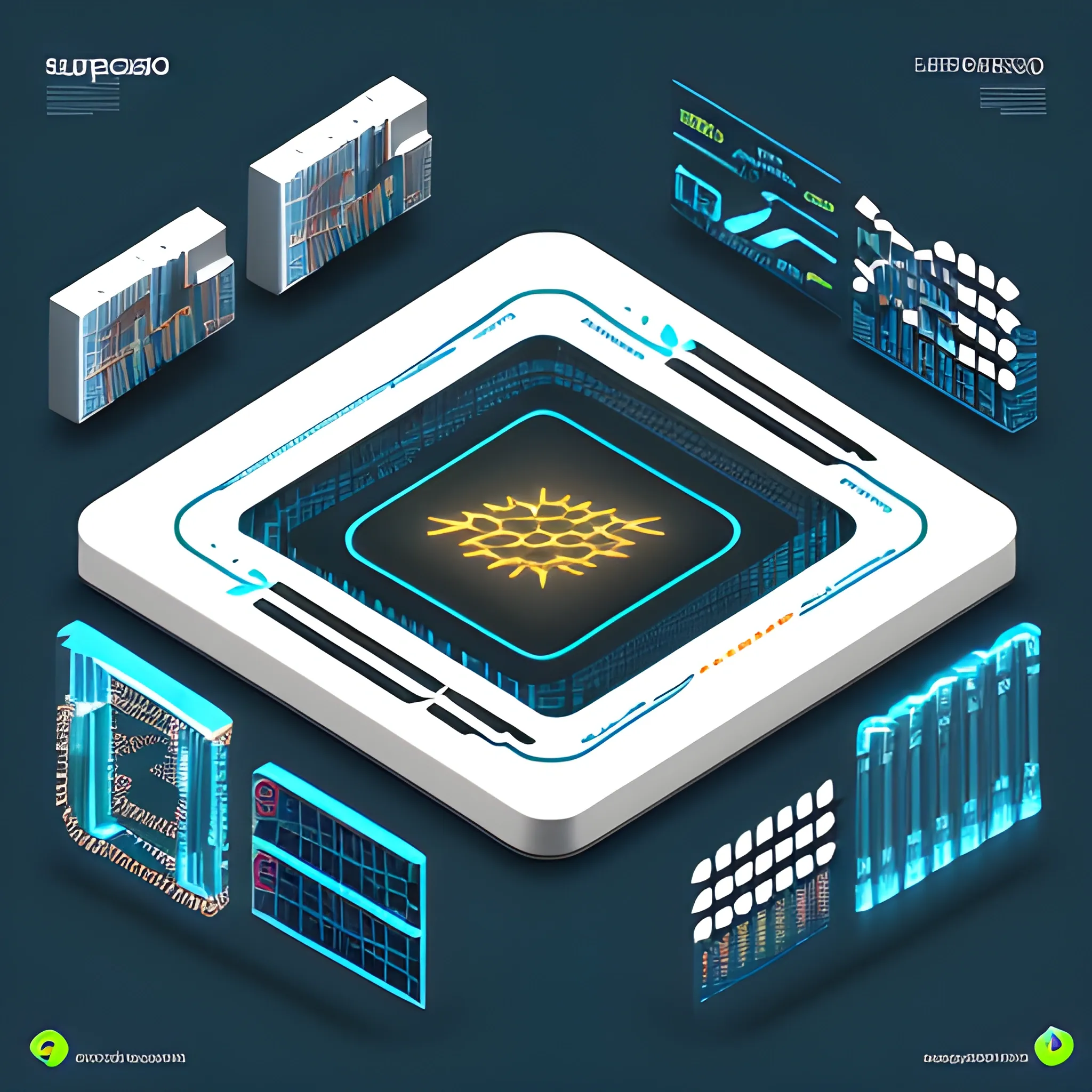 Graphics for Supercomputer with HELIOS written on it, Clean, modern tech style. Isometric icons, professional infographic design, transparent background