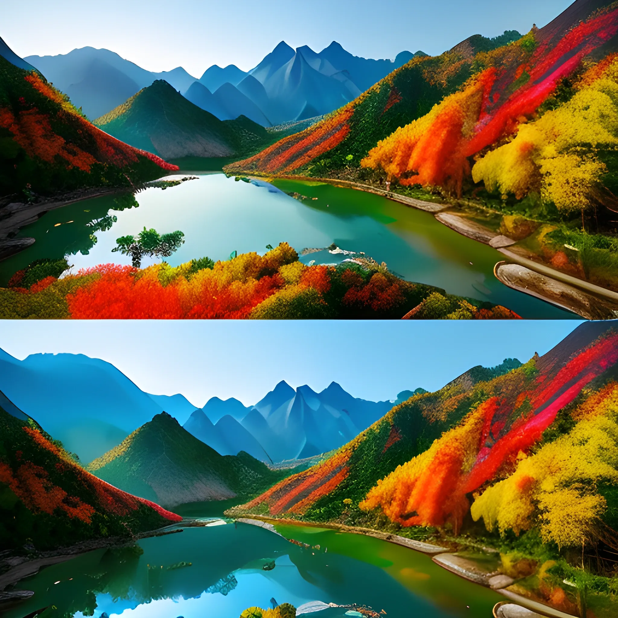 The most beautiful scenery of China's Sichuan, the colorful fall leaves on both sides of Qianlong Lake in the valley mountains reflect each other and appear to be a golden sea. The lake is surrounded by green forests with houses scattered among them. In autumn, the blue sky is reflected on the water surface, with clear reflections of the colorful trees and mountain peaks. High-definition photography. Realistic photos. In the style of National Geographic magazine. Wide-angle lens. Vibrant contrast. A realistic beautiful natural landscape, 4k resolution, hyper detailed, Trippy