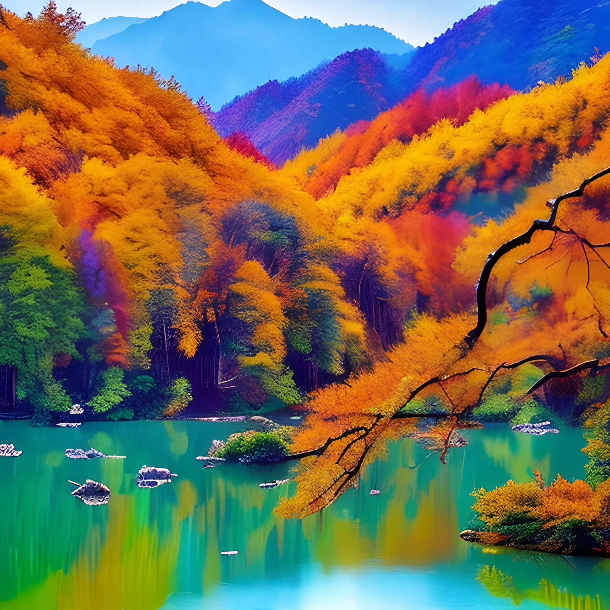 The most beautiful scenery of famous scenic spots in Sichuan, China is the vibrant autumn colors catching the eye on colorful mountains and forests surrounding the tranquil waters of Jiuzhaigou Lake. The blue sky overhead adds to its ethereal beauty. This picturesque scene captures the essence of nature's grandeur. --ar 128:85