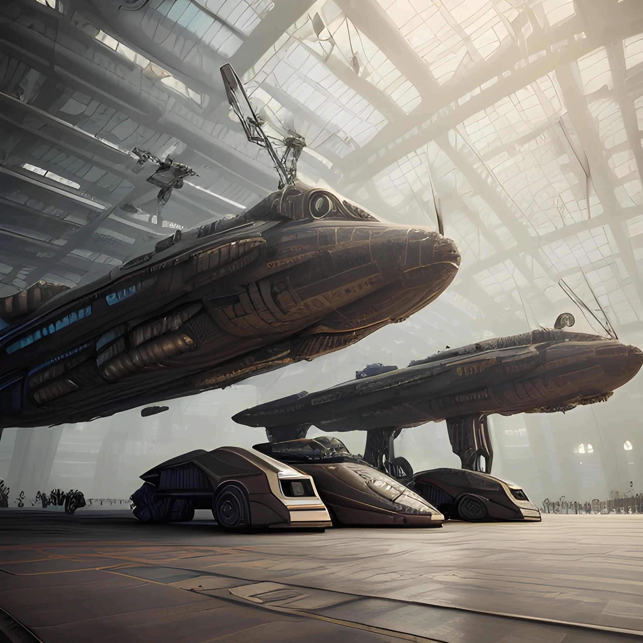 Masterpiece, best quality, ultra detailed, 8K, absurd, photorealistic, realistic photo, ultra realistic photo, raw photo, 3D rendering, 3D model, sci-fi, indoors, inside a futuristic hanger base, Colossal sized dark metallic colored Warship parked on the concrete ground, drones flying around welding, ground crrew, hazy, super cool, perfect details, amazing details, incredible details, ultimate details, detailed background, dramatic composition, 