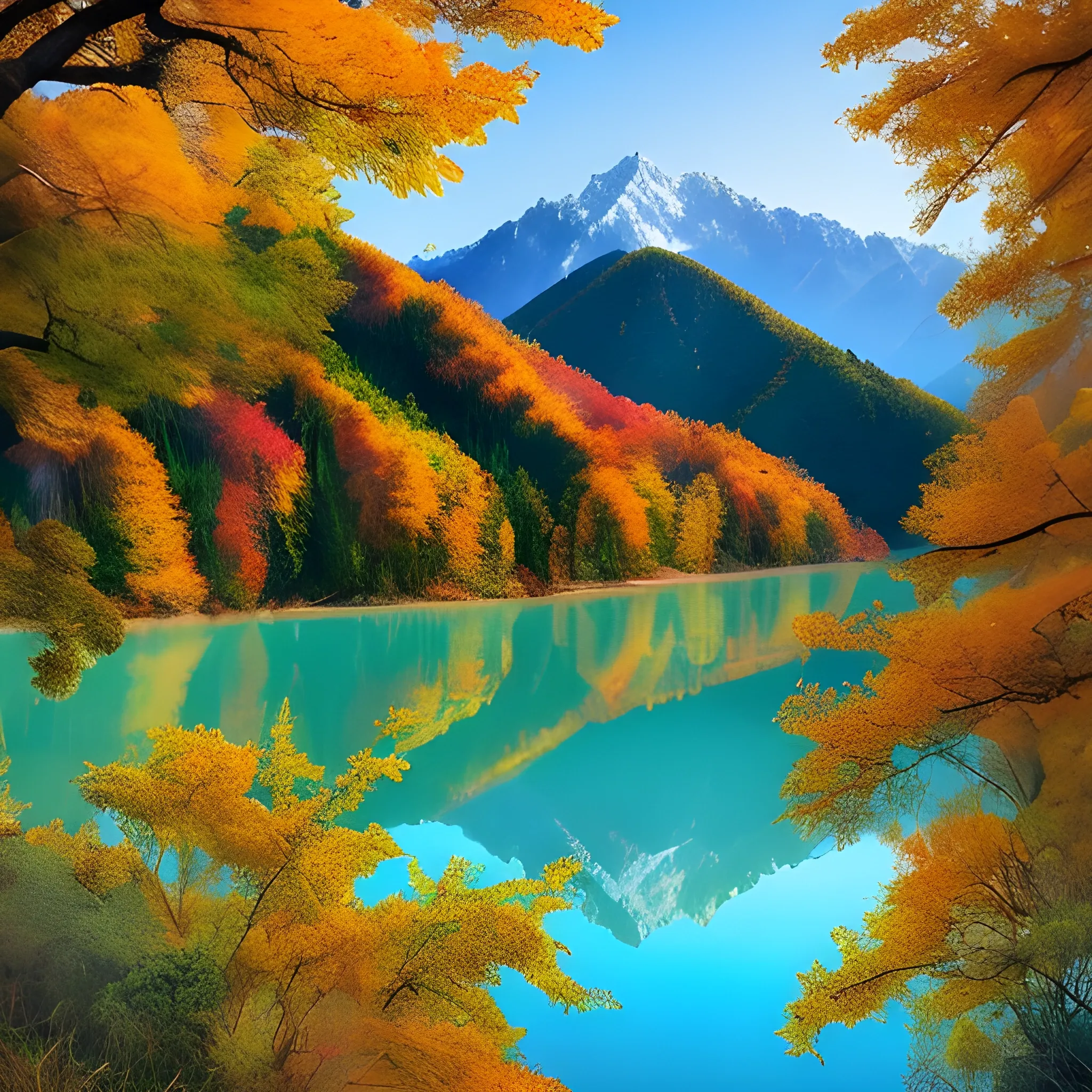 photorealistic 4k Landscape veduta photo by Dustin Lefevre & tdraw --ar 9:16 --stop 50 The most beautiful scenery of famous scenic spots in Sichuan, China is the vibrant autumn colors catching the eye on colorful mountains and forests surrounding the tranquil waters of Jiuzhaigou Lake. The blue sky overhead adds to its ethereal beauty. This picturesque scene captures the essence of nature's grandeur. --ar 128:85