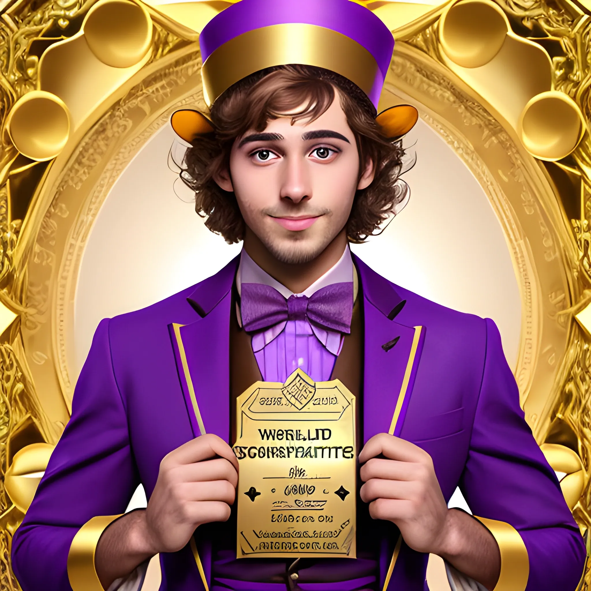 a handsome guy wearing a purple cylinder hat, holding a golden ticket in his hand, the world around him is made of chocolate