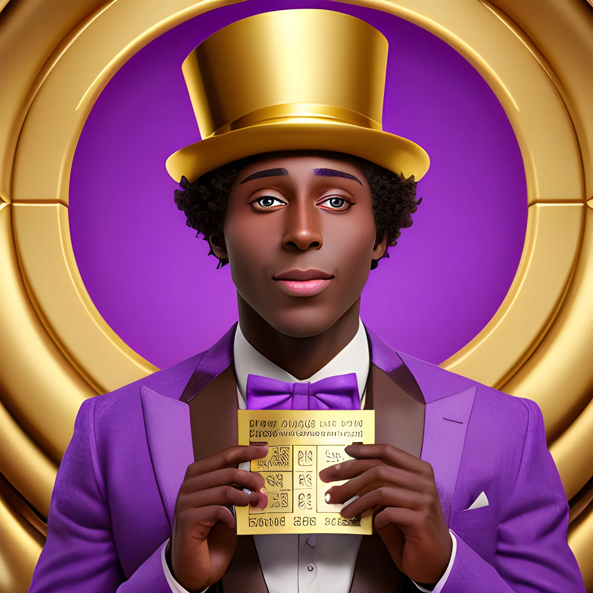 a handsome guy wearing a purple cylinder hat, holding a golden ticket in his hand, the world around him is made of chocolate