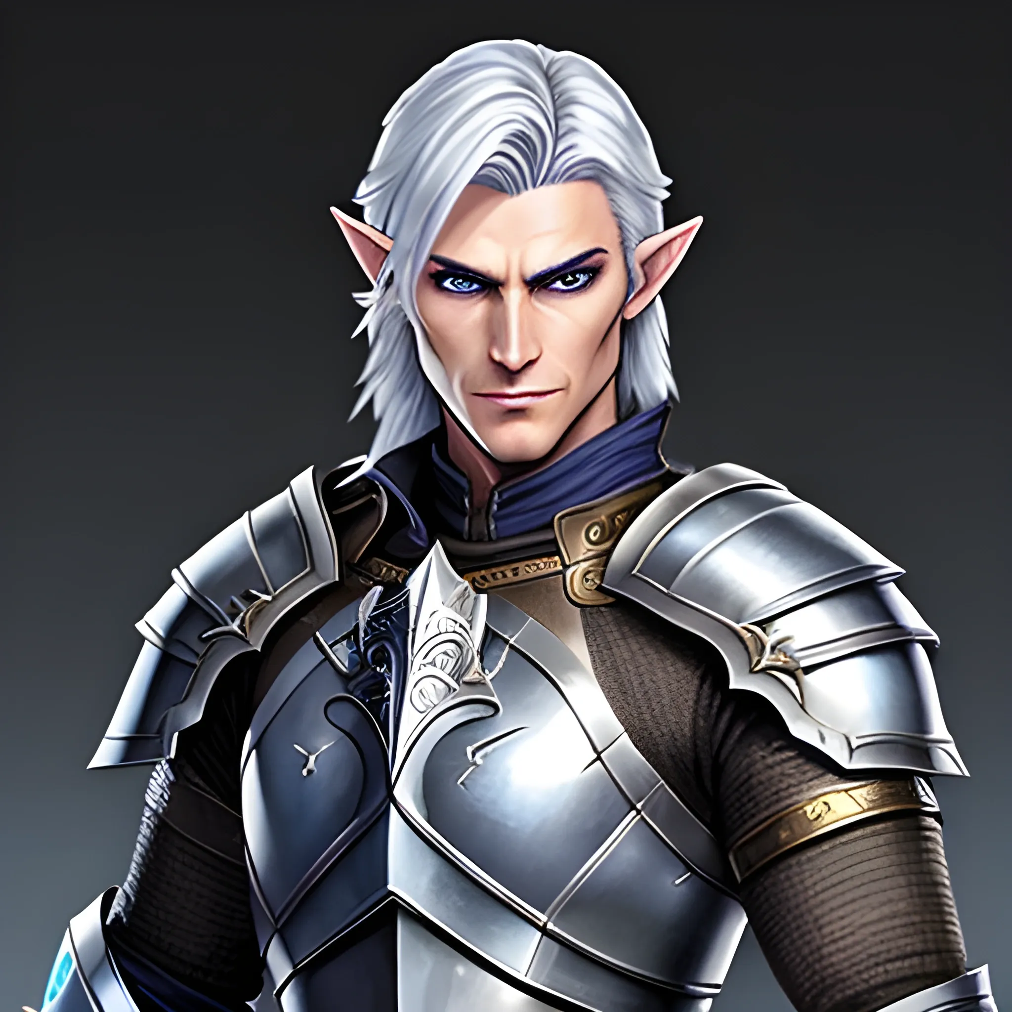 A male young elf paladin who has elven features: pointed ears, a sharp jawline, and piercing bright eyes that radiate warmth and determination. His hair is silver, slightly tousled. He wears chainmail armor and carries a standard longsword and a plain shield adorned with a raven emblem, Water Color