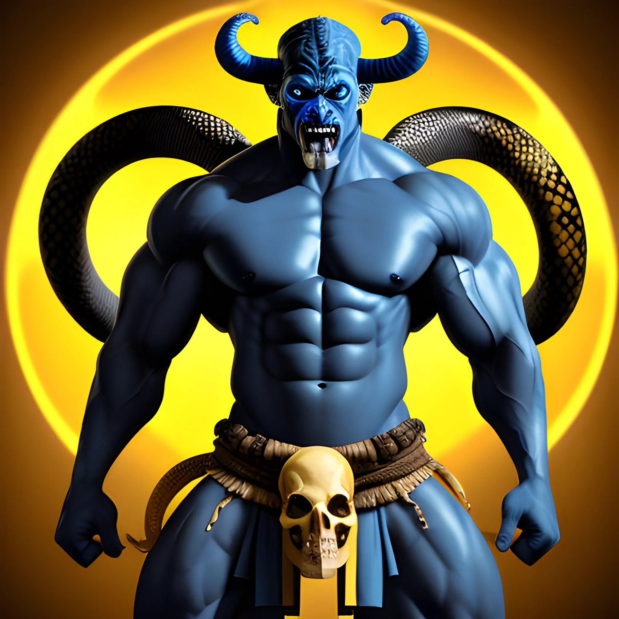 create an image of a blue skinned muscular demon
 in a black loin cloth having a yellow snake skull as head