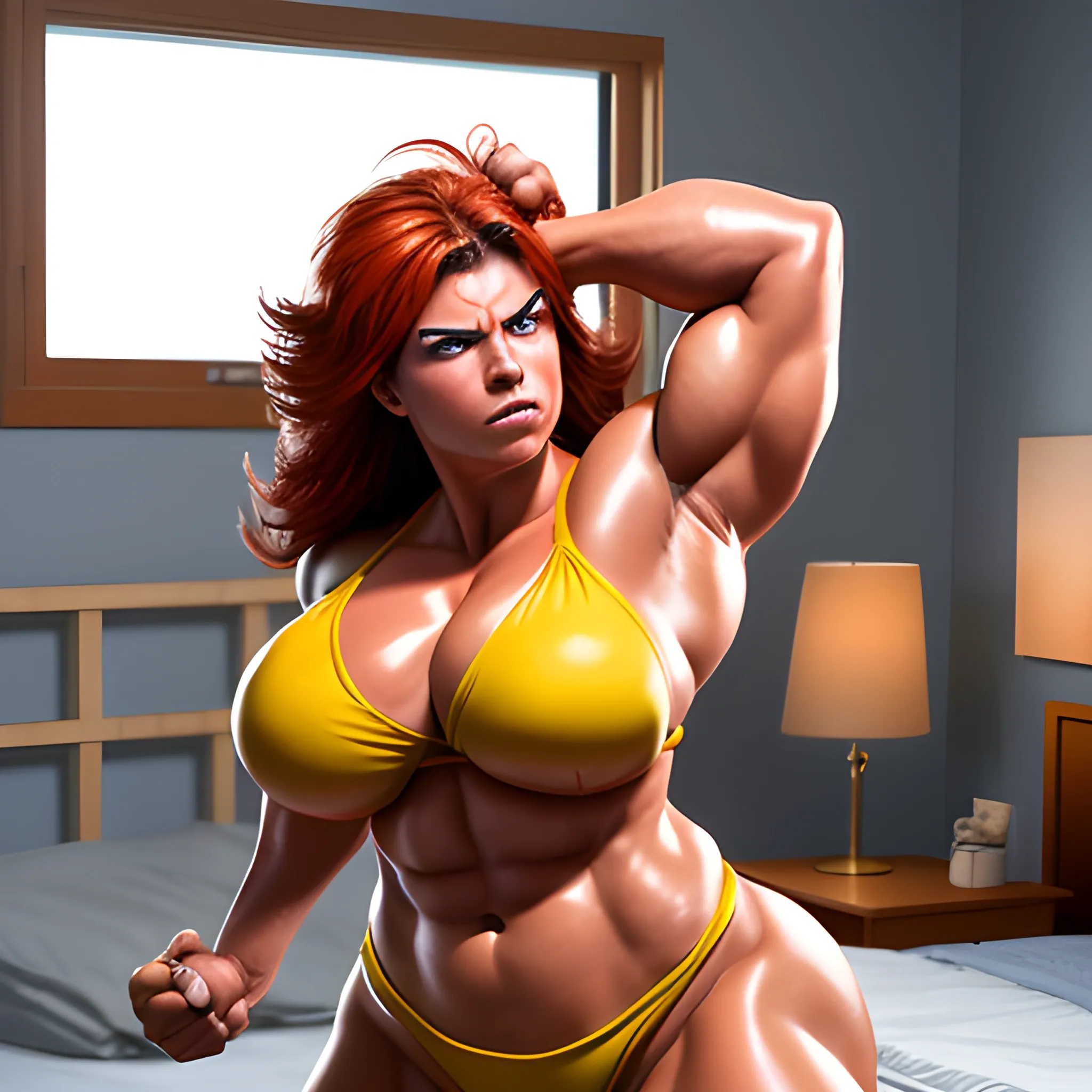 create an image of a female juggernaut flexing her muscles wearing a bikini in the bedroom.
 