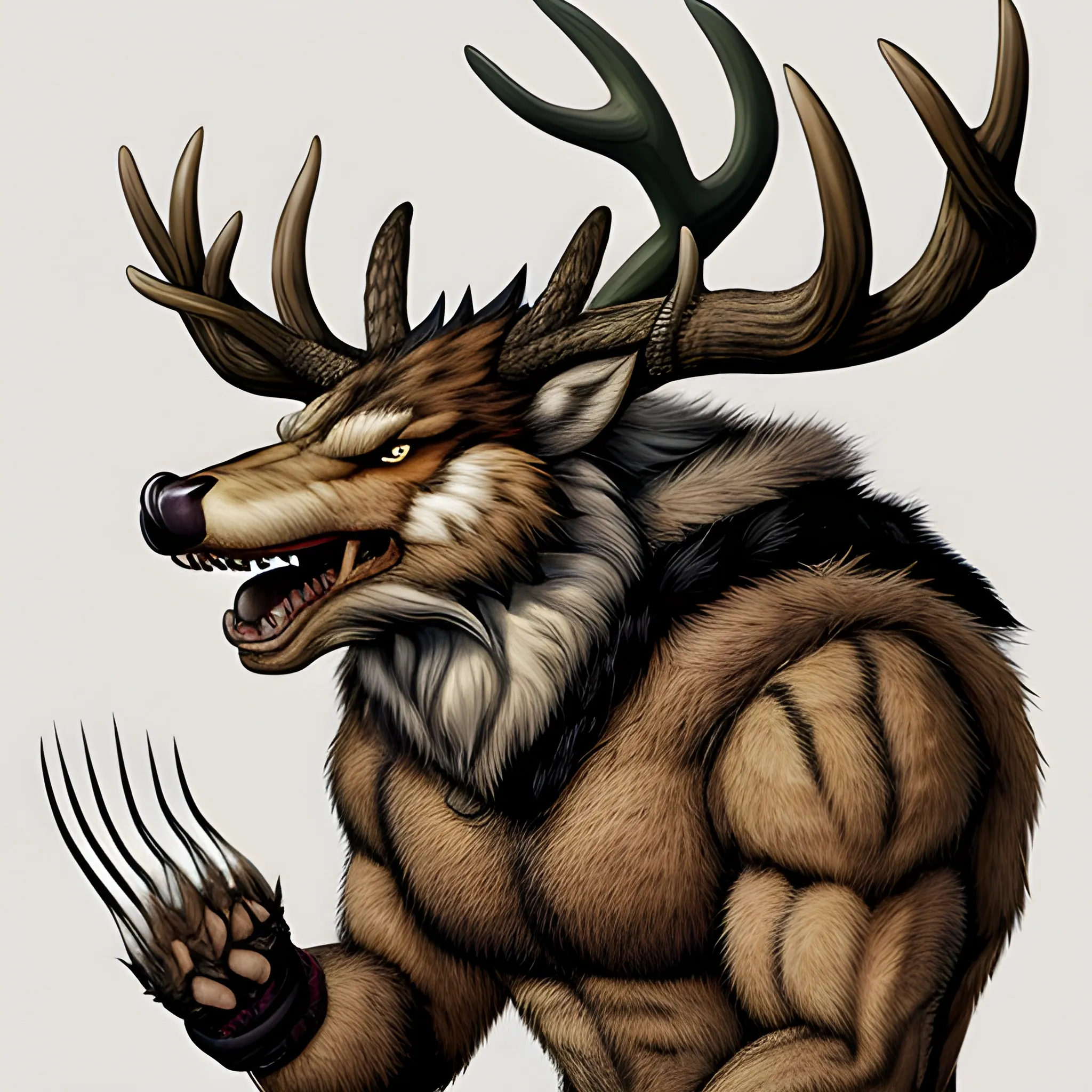 
a dragon with deer antlers and bearskin, four paws like a wolverine, a tail like a wolf, Cartoon