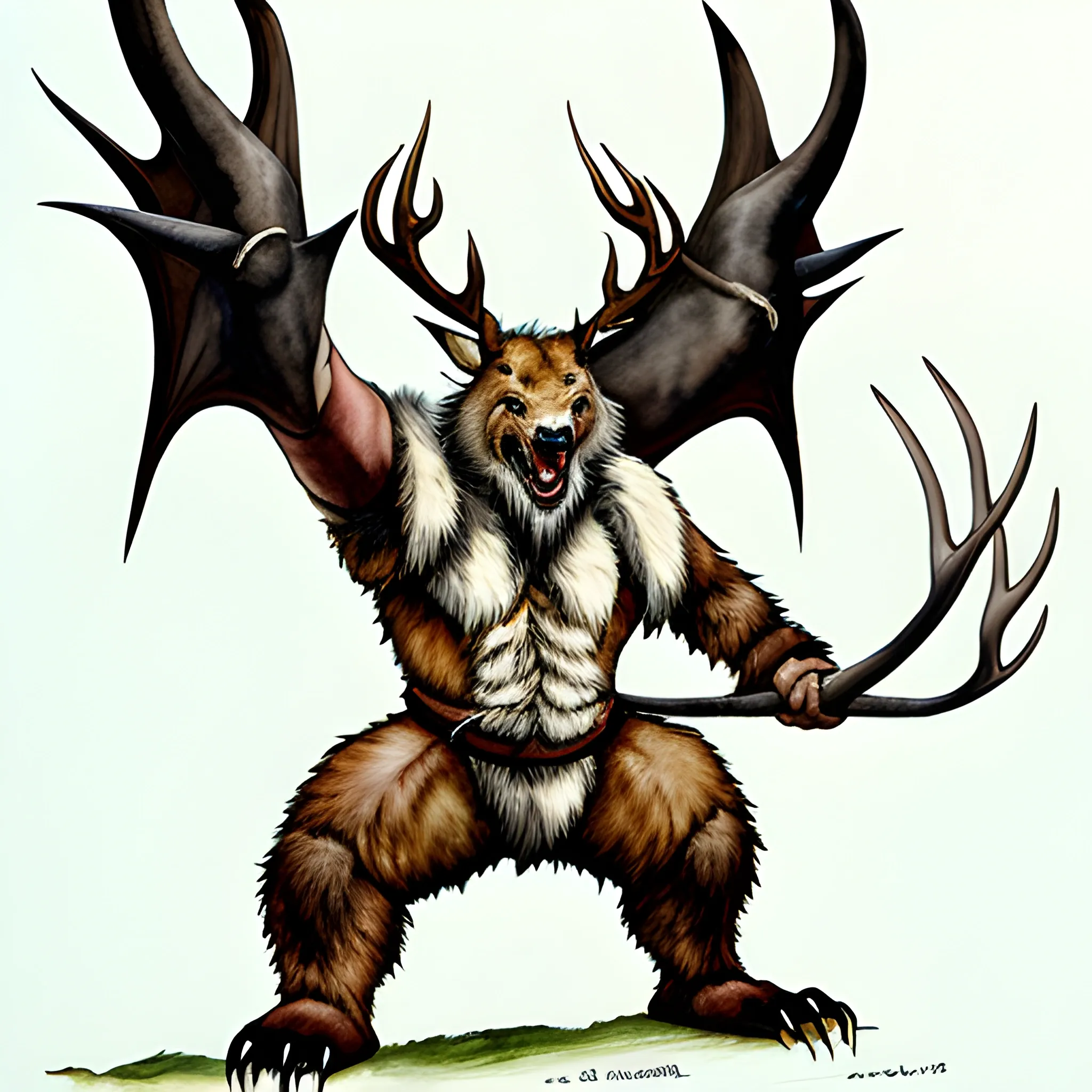 
full-length dragon with deer antlers and bear skin, four wolverine legs, wolf tail, Cartoon, Watercolor