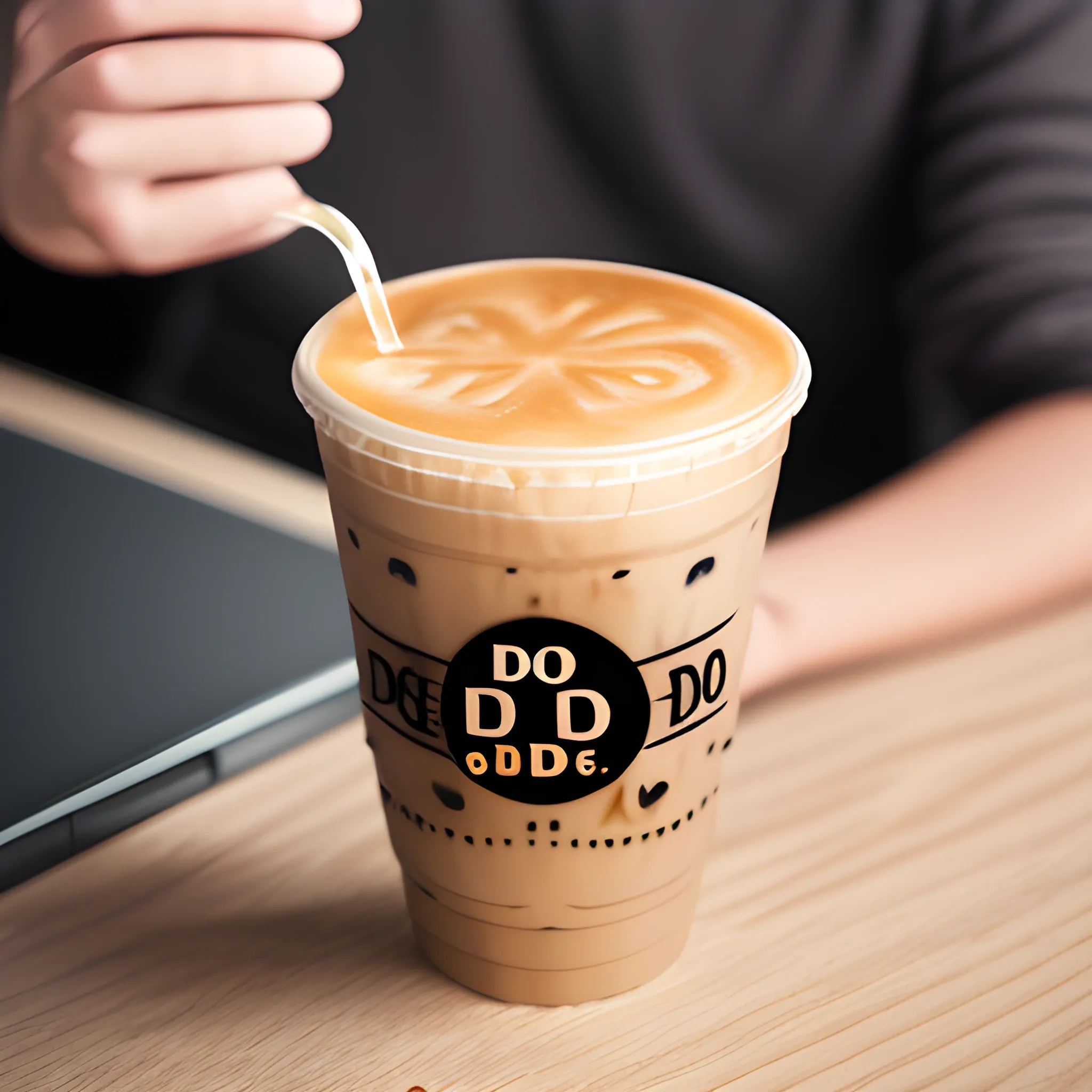 hand handing cup of ice latte with inscription on it "do.bro", 3D