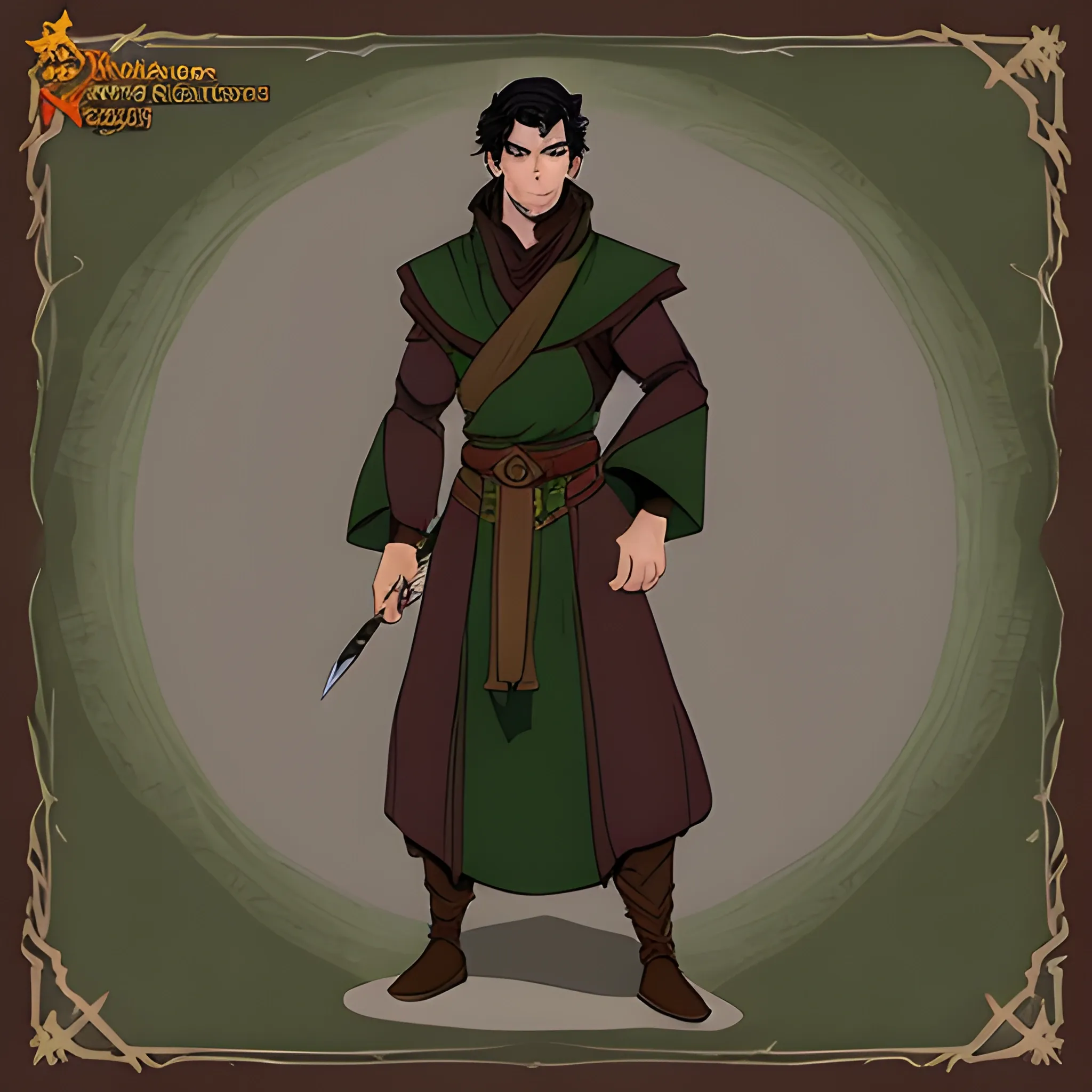 Draw a Dungeons and Dragons character that is a male, dashing and intense, dark haired, green eyes, ash skin toned,  Shadar Kai with monk robes