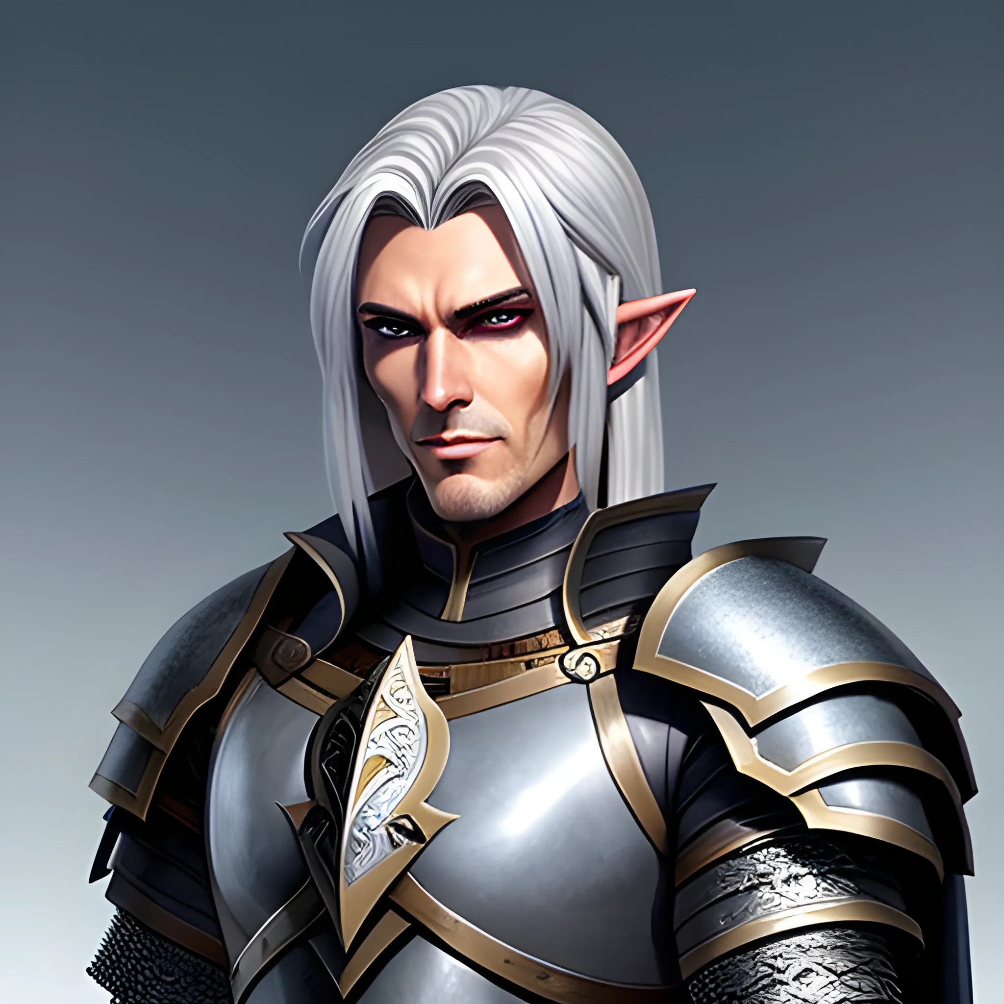 A male young elf paladin who has elven features: pointed ears, a sharp jawline, and piercing bright eyes that radiate warmth and determination. His hair is silver, slightly tousled. He wears chainmail armor and carries a standard longsword and a plain shield adorned with a raven emblem, Water Color