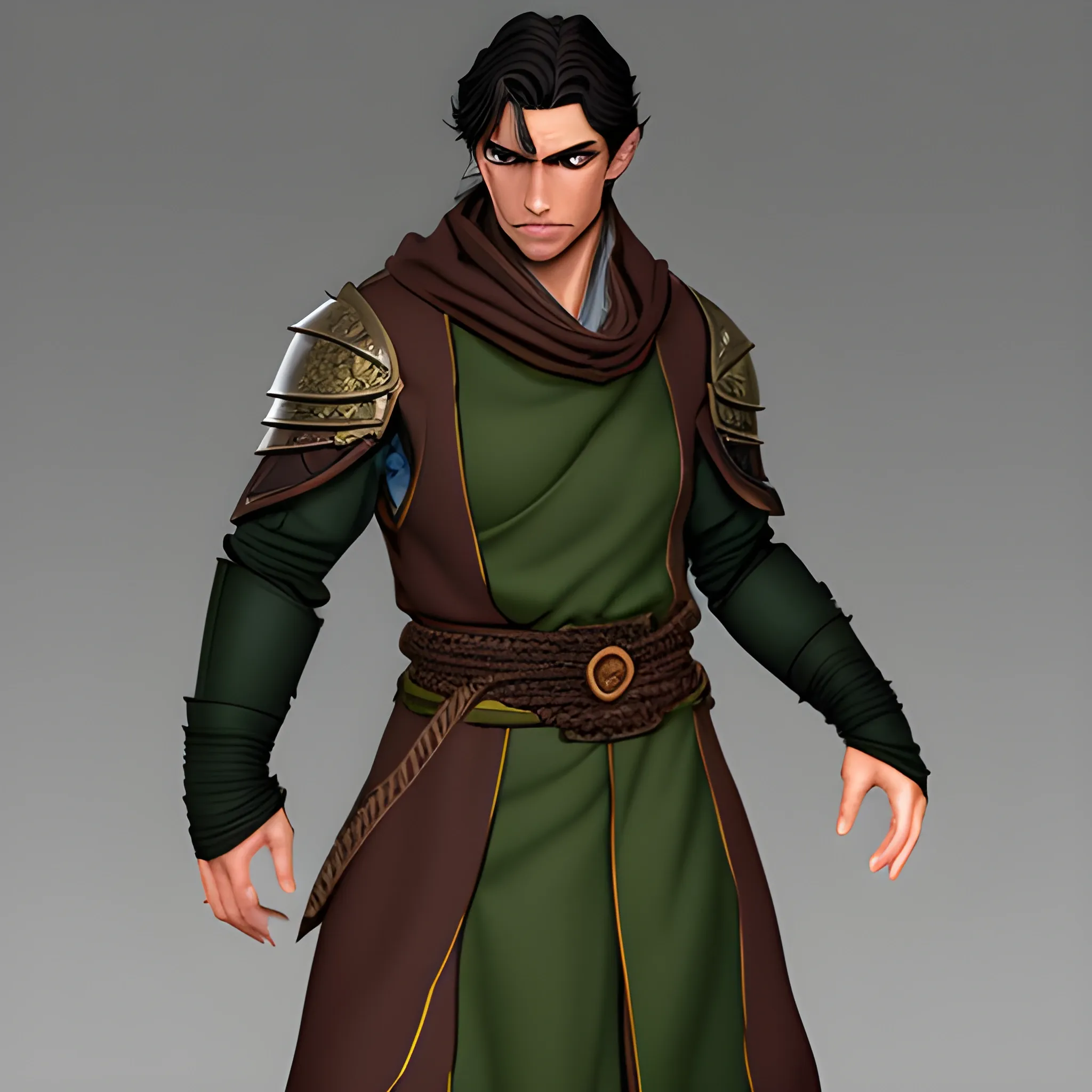 Draw a Dungeons and Dragons character that is a male, dashing and intense, dark haired, green eyes, ash skin toned,  Shadar Kai with monk robes , 3D