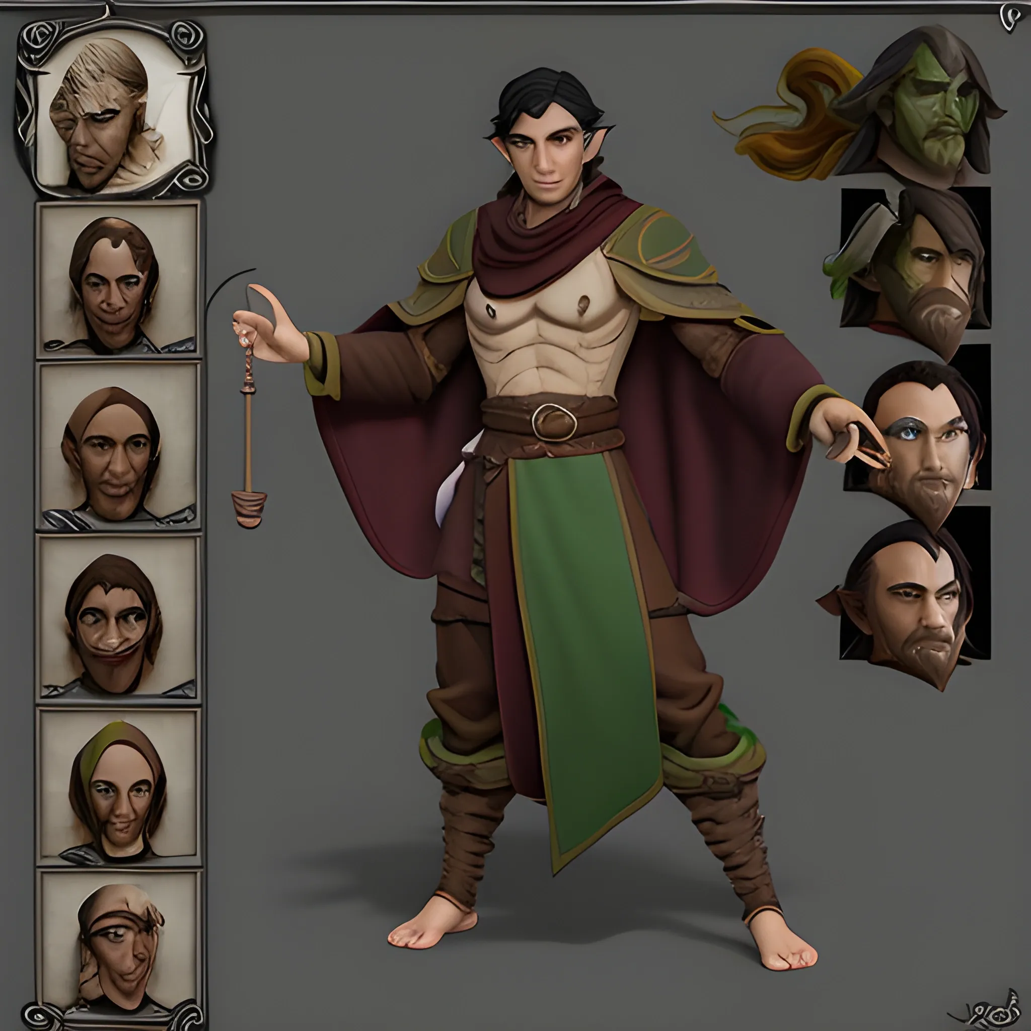 Make a Dungeons and Dragons character that is a male, lazy, dashing and intense, dark haired, green eyes, ashen skinned Shadar Kai Elf wearing monk robes, 3D