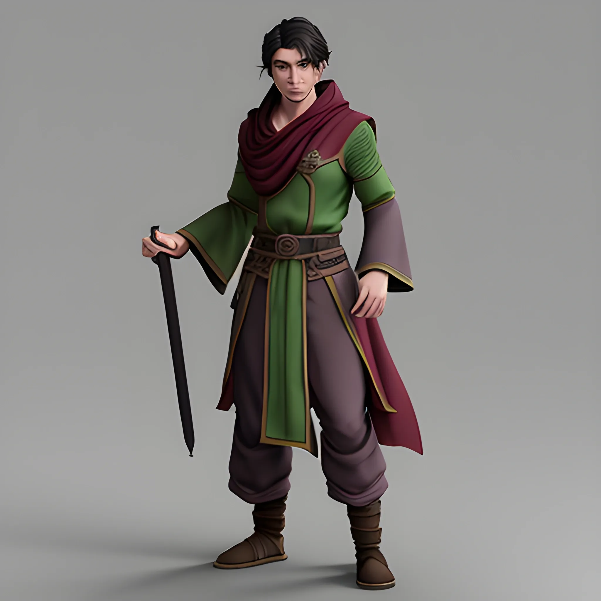 Make a Dungeons and Dragons character that is a male, lazy, dashing and intense, dark haired, green eyes, ash grey skin Shadar Kai Elf wearing monk robes, 3D