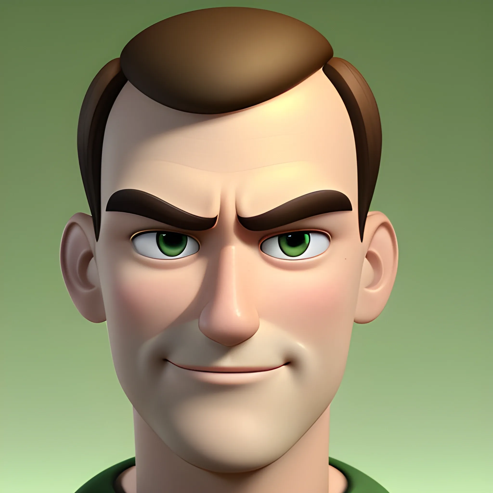 a portrait of 3d pixar man confident and smirking man with oval face, clean shaven, light brown, buzz cut hair, dark green eyes, prominent under-eye bags, solid background, 3D