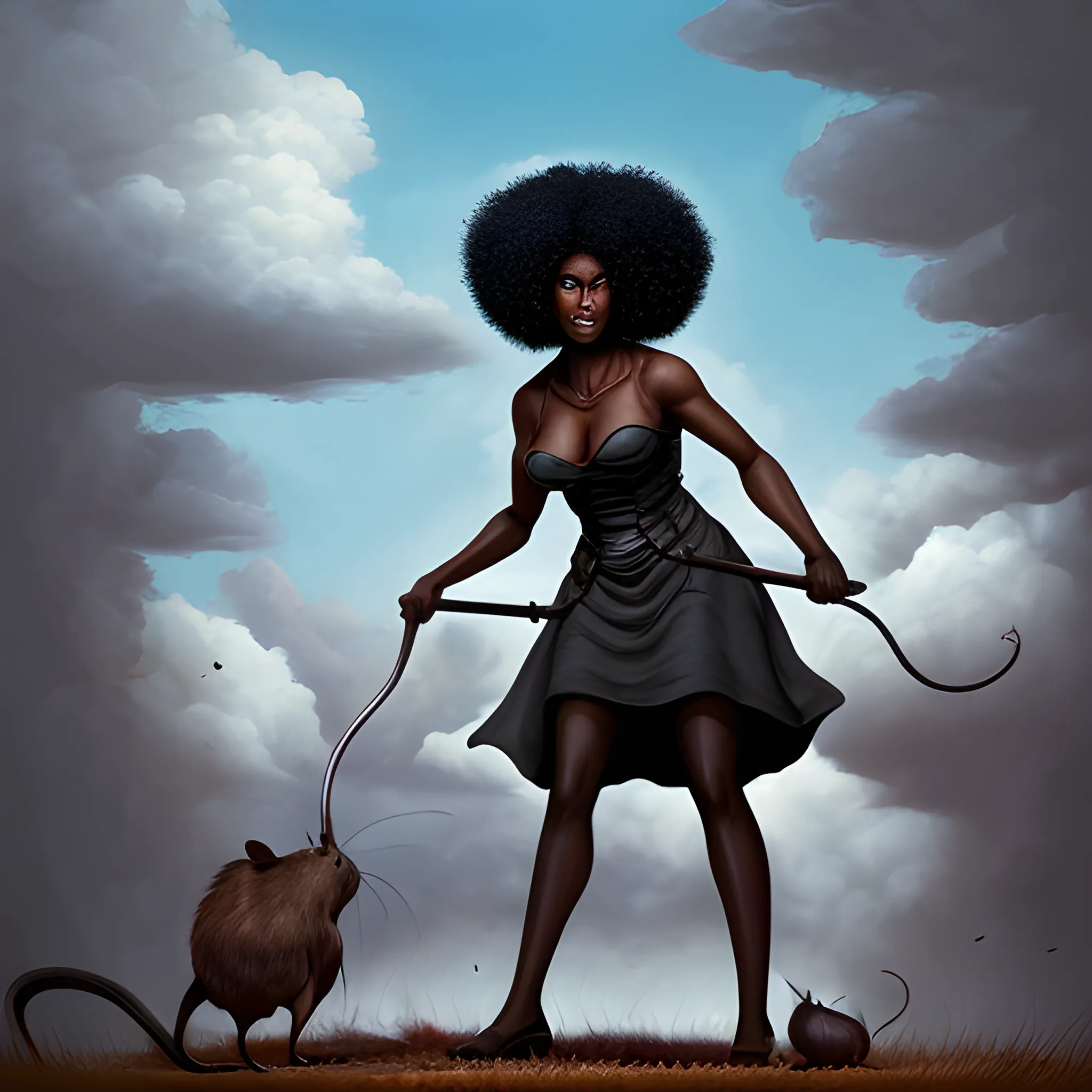 a dark skin woman killing rats in the clouds