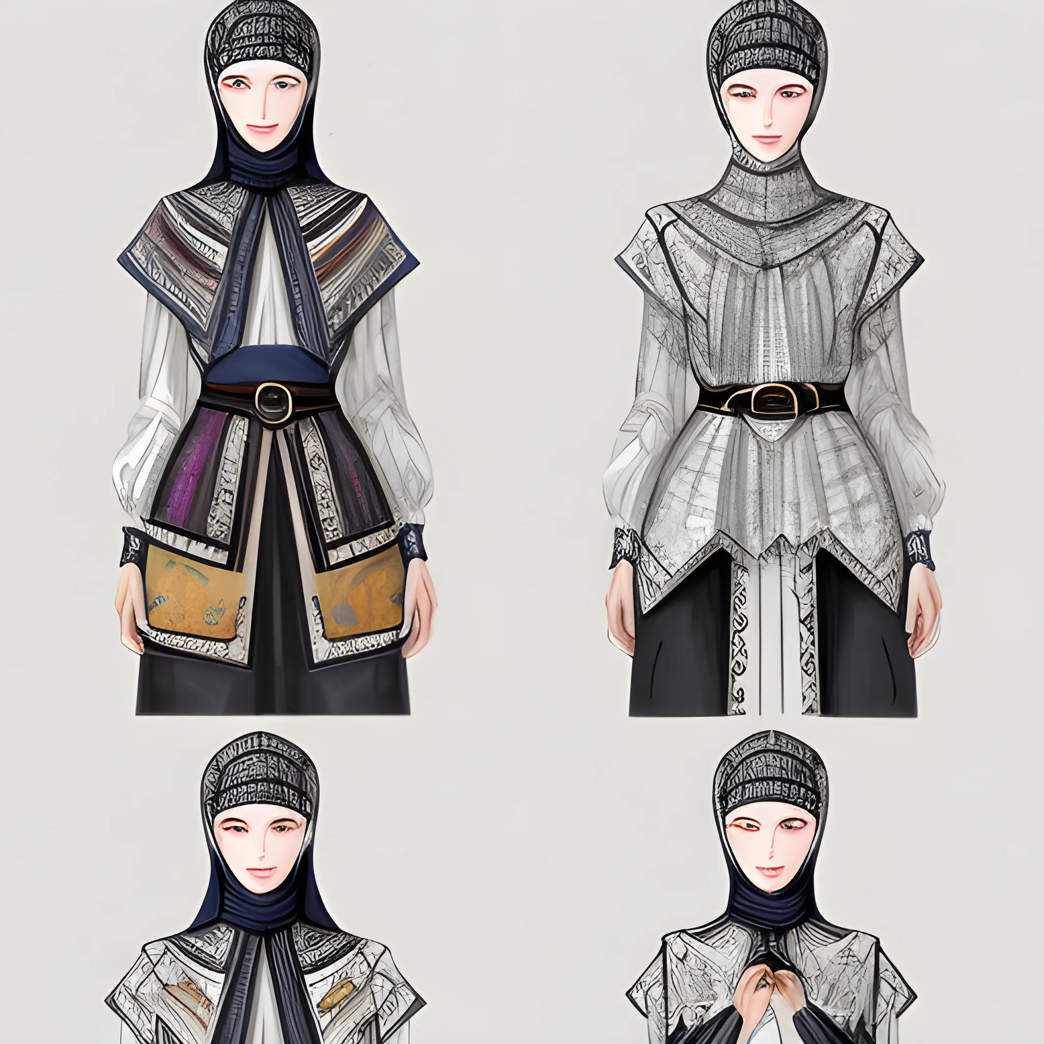 Competitive work in the "Fashion sketching" section It includes highly artistic fashion illustrations of its collections in A3 format, long and modest clothes in the Caucasian style (Ingush traditional national costume with twisted patterns, silver bibs, silver belt, combining elements of modern fashion, revealing the theme of "Digital Fashion", 3-5 photo images, JPEG file with a resolution of 300 dpi.
It can be performed in various modern drawing techniques. Draw these sketches as if they were actually drawn by a human designer. Create a digital collection, Oil Painting