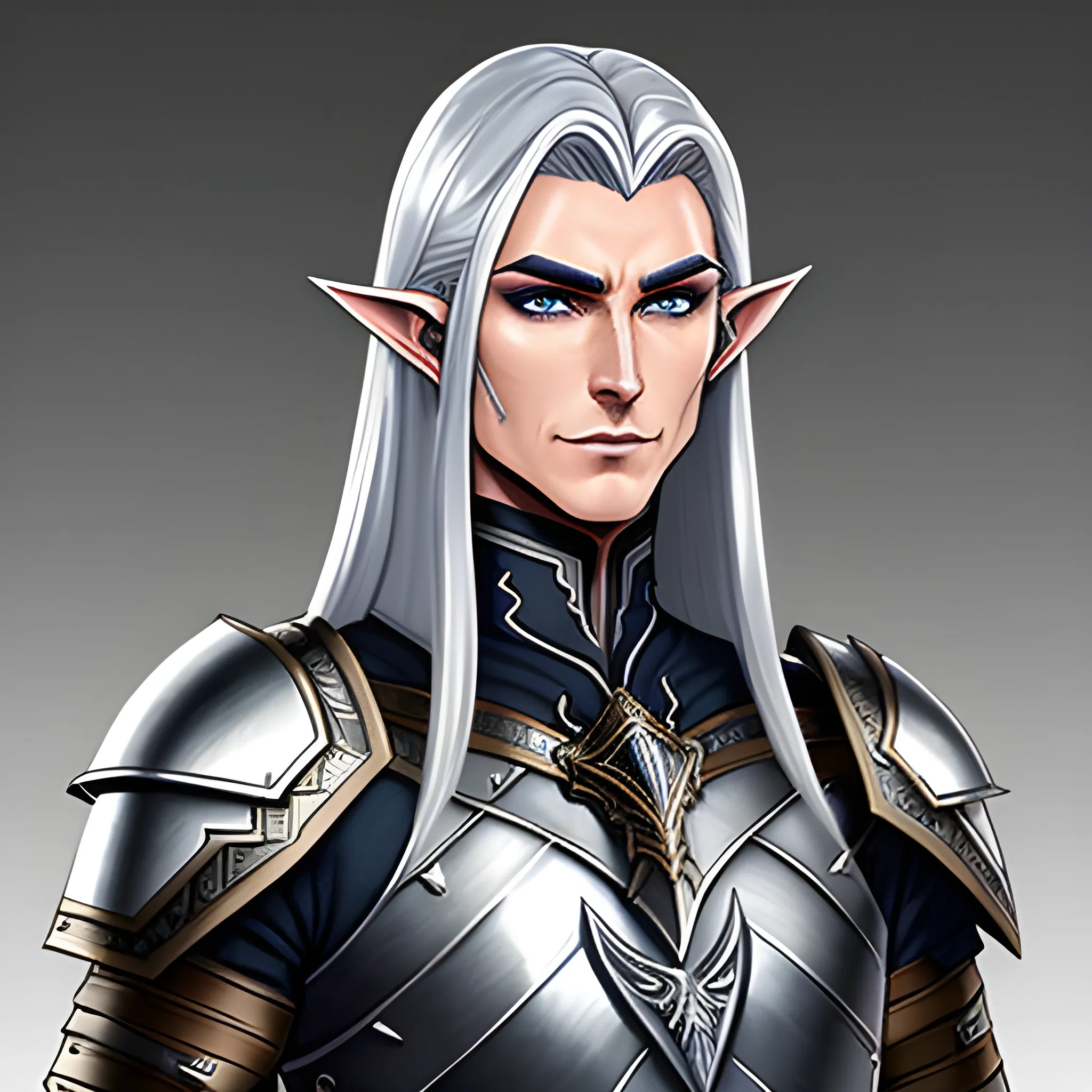 A male young elf paladin who has elven features: pointed ears, a sharp jawline, and piercing bright eyes that radiate warmth and determination. His hair is silver, slightly tousled. He wears chainmail armor and carries a standard longsword and a plain shield adorned with a raven emblem, Water Color