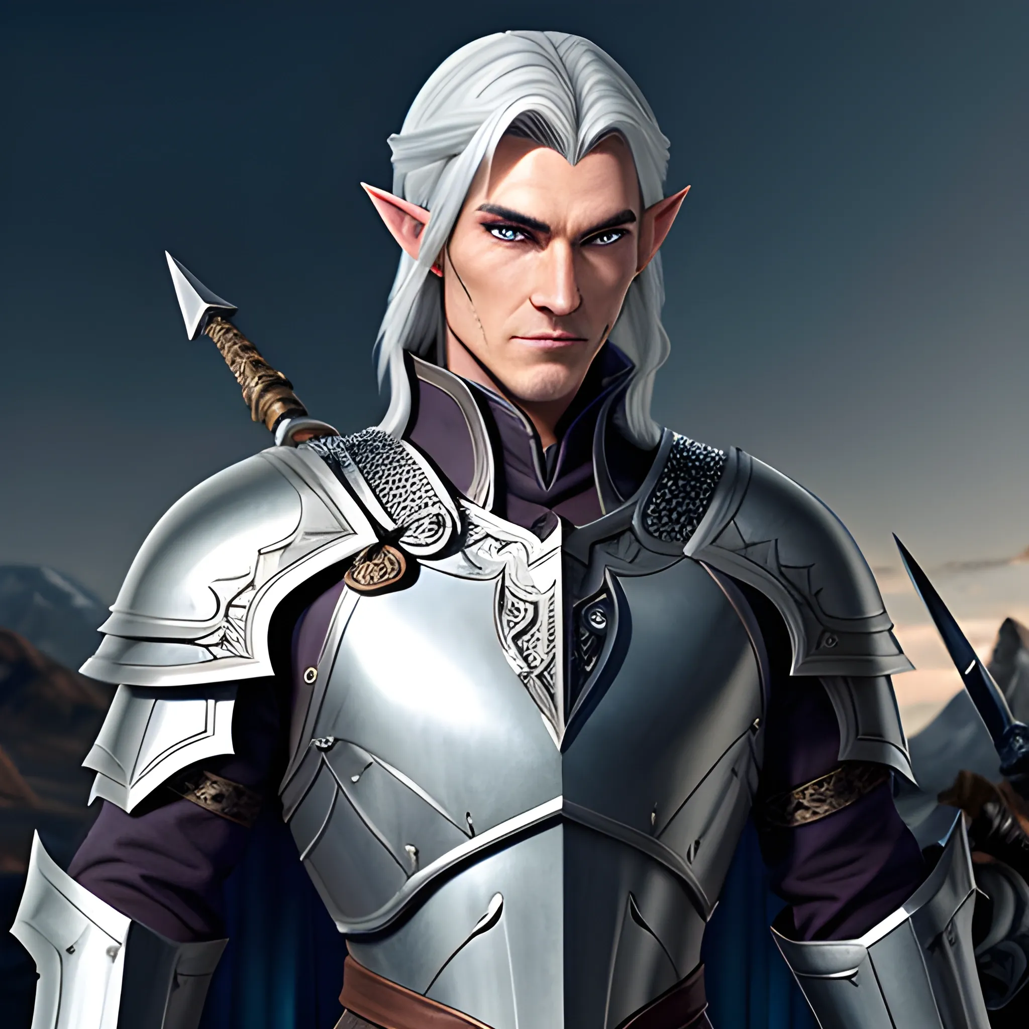 A male young elf paladin who has elven features: pointed ears, a sharp jawline, and piercing bright eyes that radiate warmth and determination. His hair is silver, slightly tousled. He wears chainmail armor and carries a standard longsword and a plain shield adorned with a raven emblem, Water Color