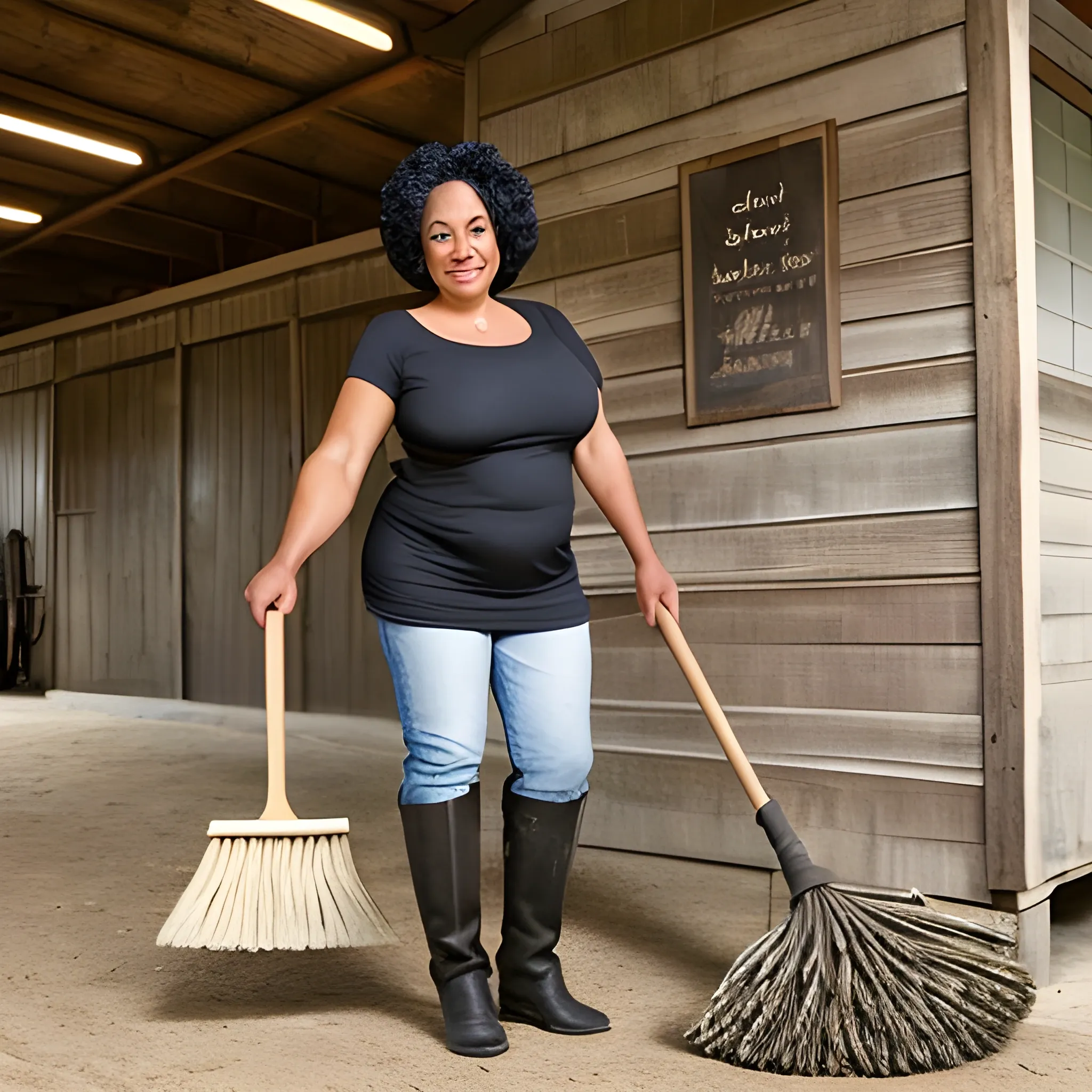 beautiful mature southern black woman, bottomless, sweeping a horse stall with a large broom 