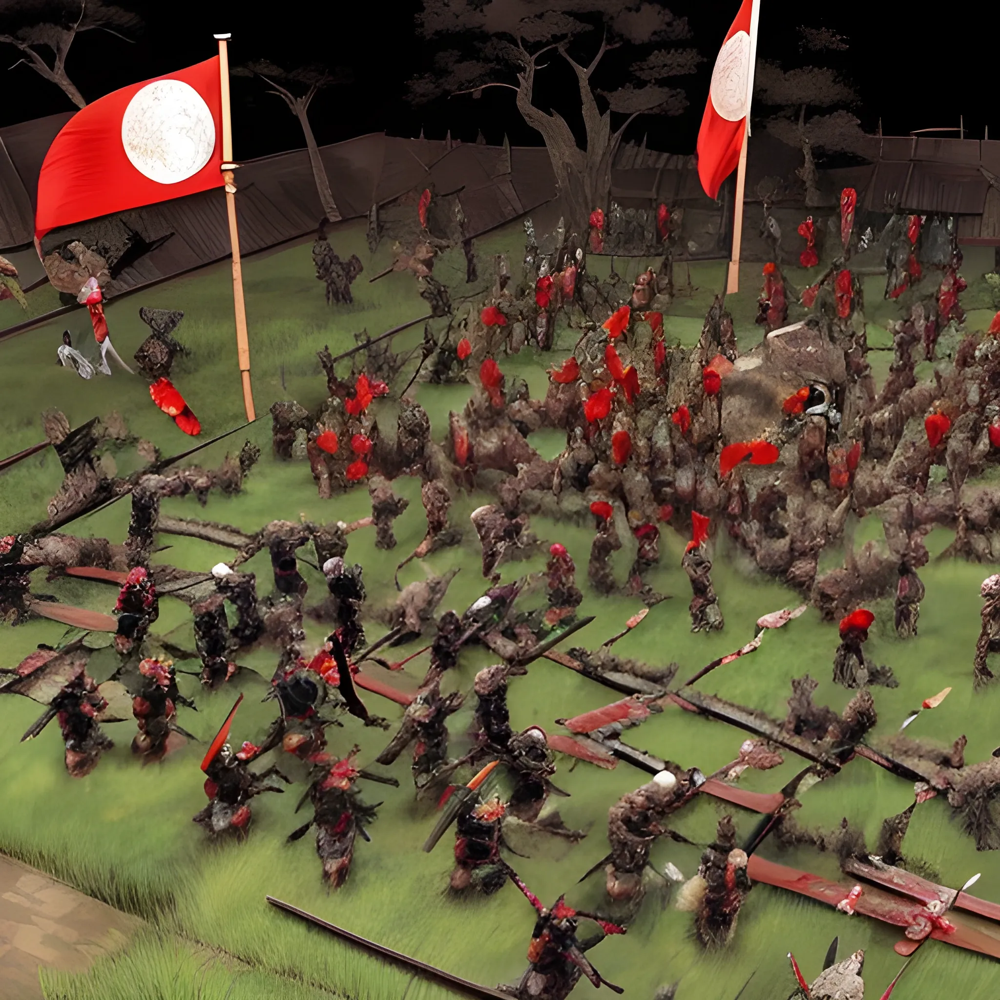 A Japanese battlefield, samurai are fighting eachother, blood and gore is everywhere, some have fallen in war and some still fighting despite getting injures