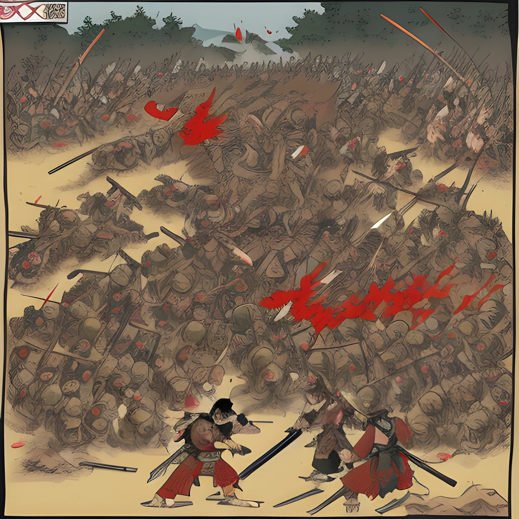 A Japanese battlefield, samurai are fighting eachother, blood and gore is everywhere, some have fallen in war and some still fighting despite getting injures, Cartoon