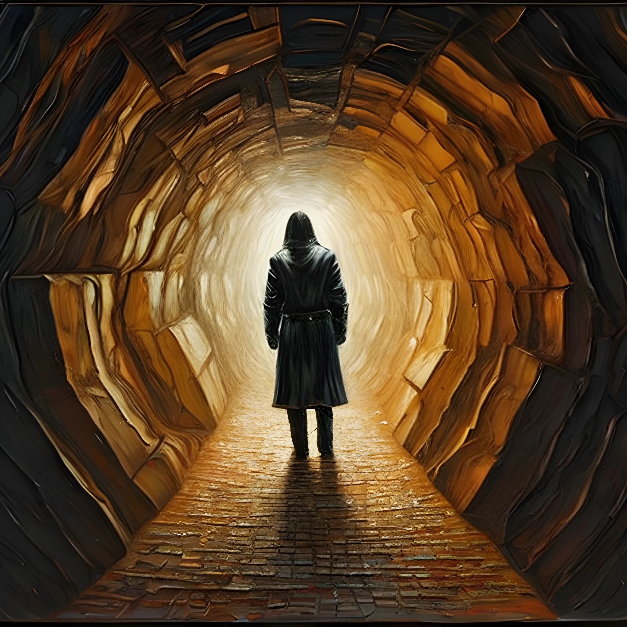 A person lost in a dark labyrinth, dangerous, hostile, Oil Painting