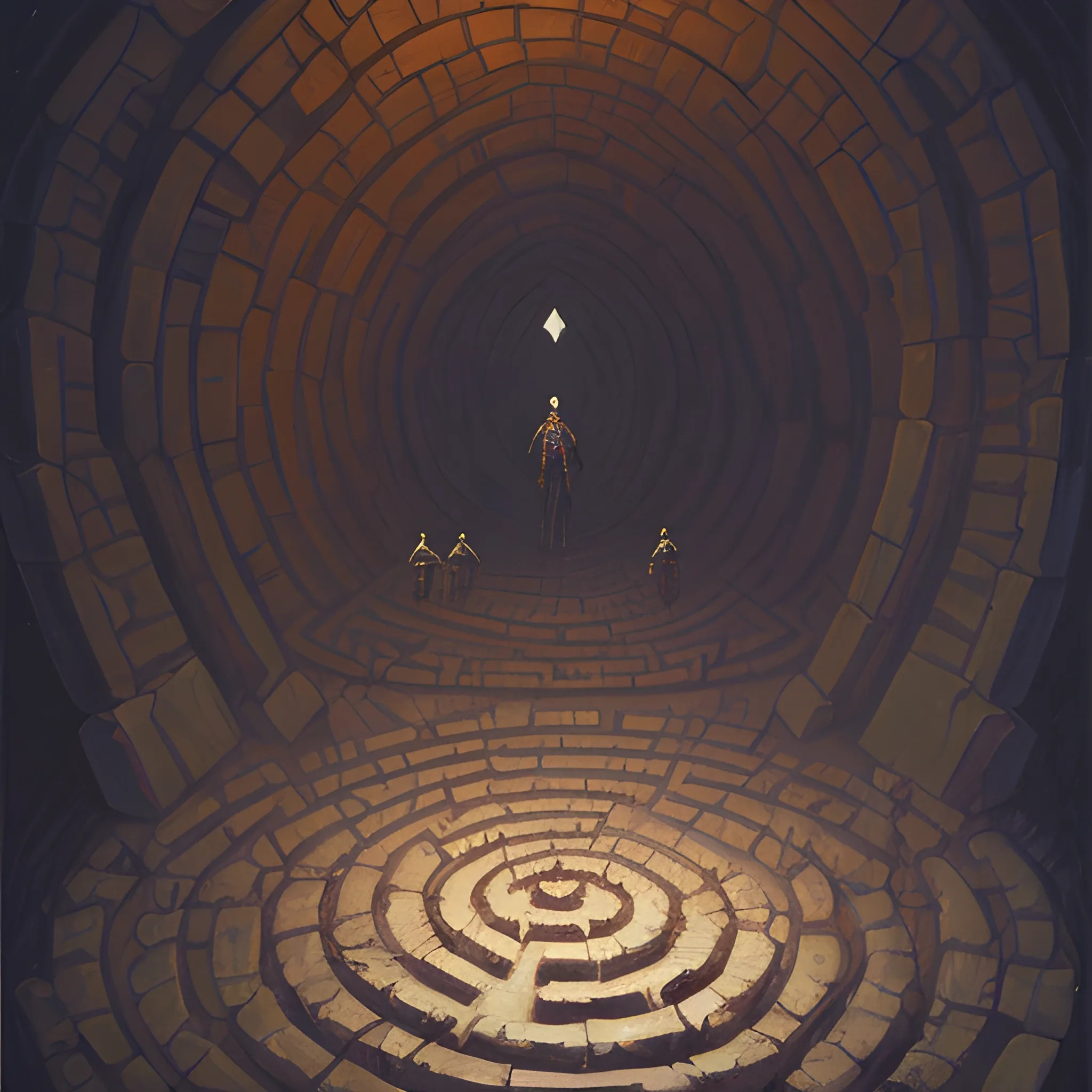 A person lost in a dark labyrinth, isometric, dangerous, hostile, Oil Painting