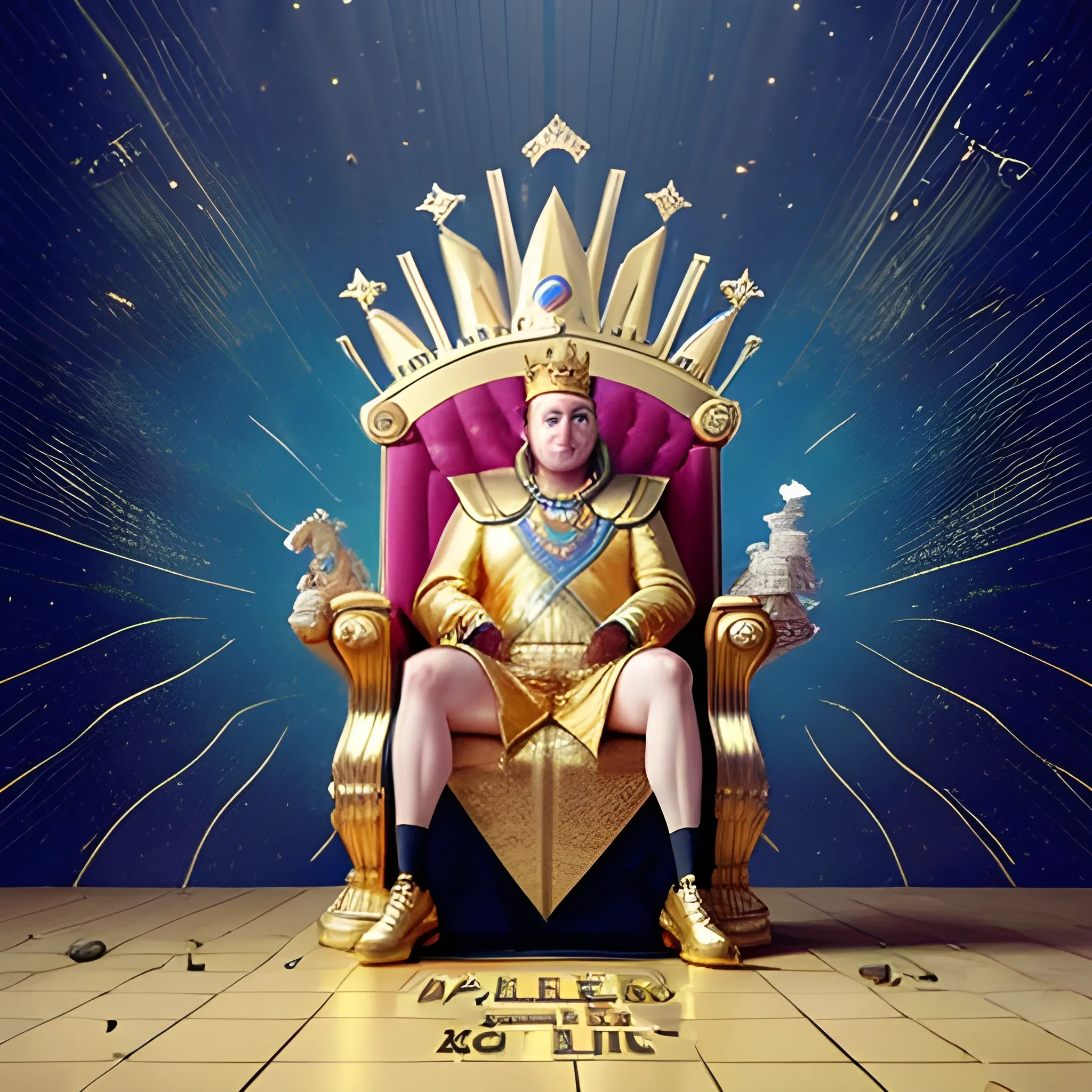 A satirical image of Elon Musk wearing a king's dress, GOLDEN SHOES a big gold crown, gold jewelry, and sitting on a gold throne. There aremany gold coins scattered on the floor. The background wall has a blue background with a brick's neon effect. Behind the throne, there is a large white text that says "PAYPAL".