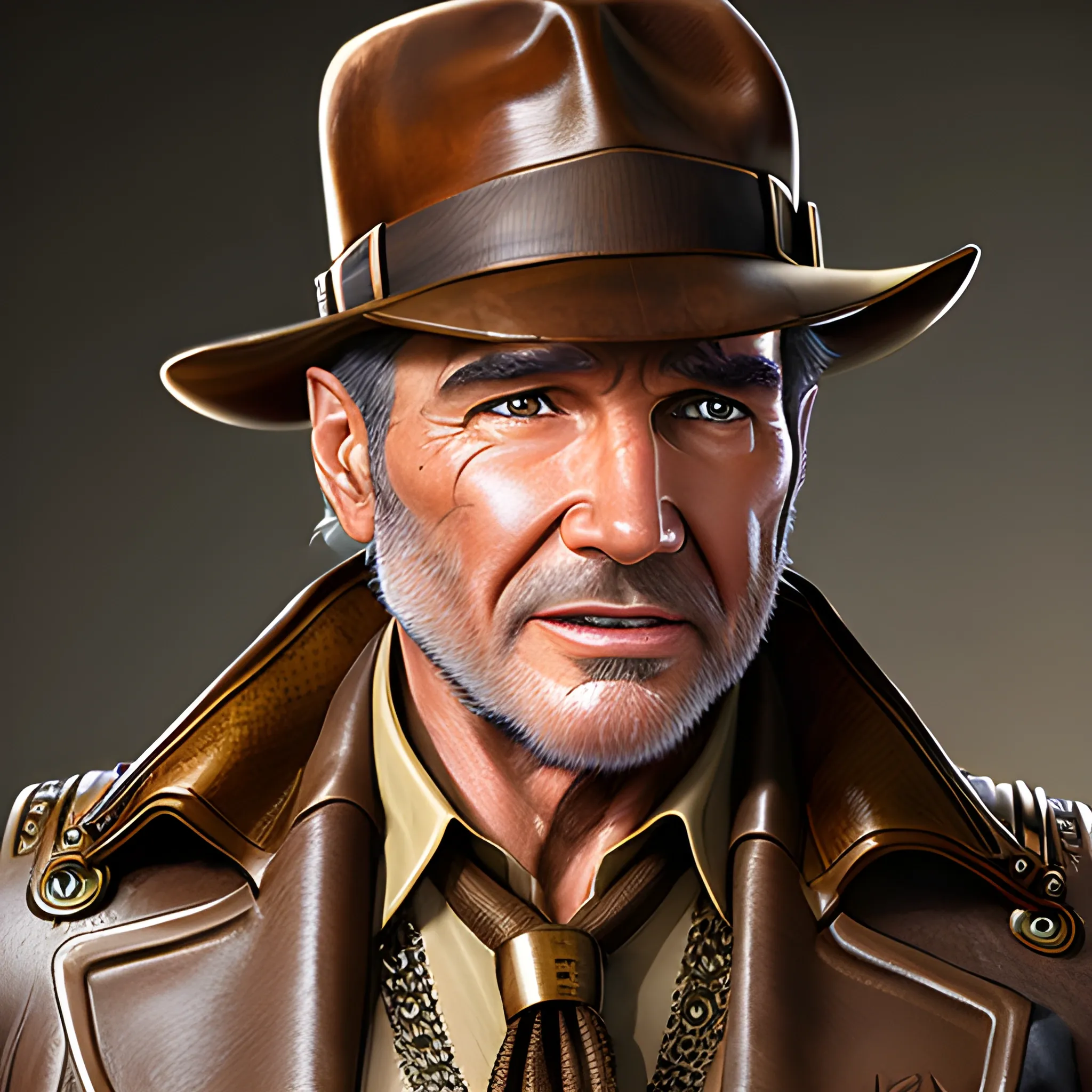 best quality, SFW, masterpiece, Indiana Jones, wearing a Fedora, detailed brown eyes, pretty old man, brilliant teeth, ultra high res, small ass, photorealistic, detailed skin steampunk, (beige or khaki-colored trousers made from sturdy and durable fabric:5), (steampunk pilot jacket:5), leather whip