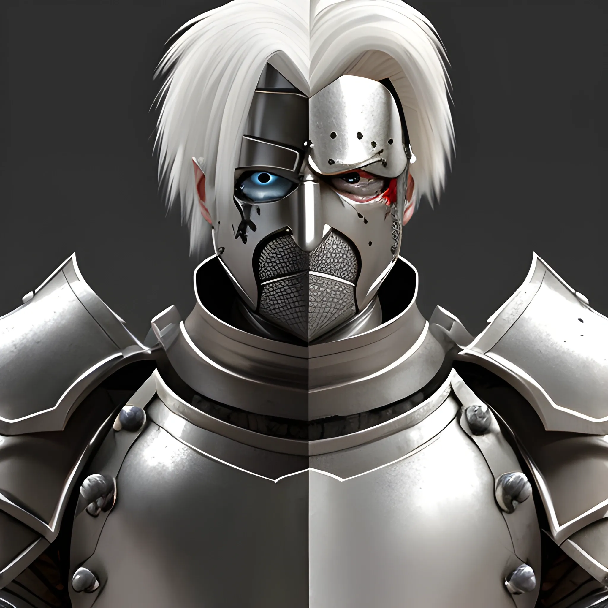 , 3D, Cartoon Old muscular white haired knight in damaged armor with only one eye and a scar in the other
