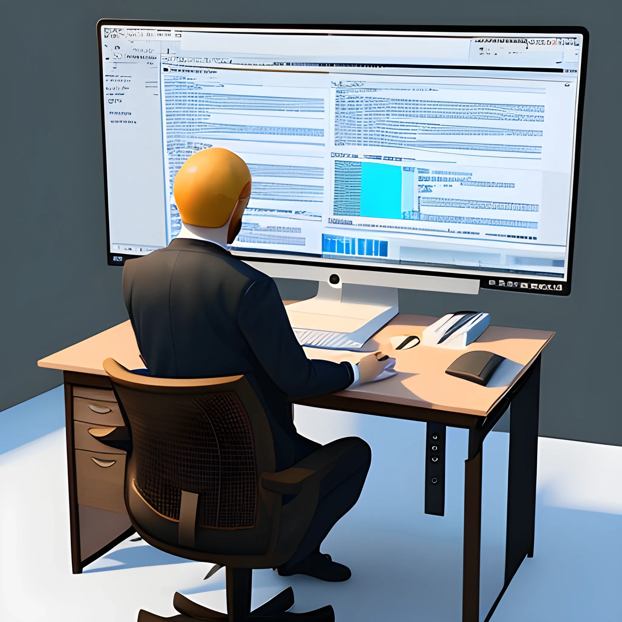 A person sitting happy at their desk, scrolling frustratedly on a computer., 3D